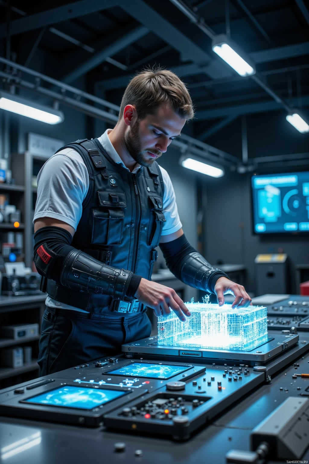 A person in a high-tech lab interacts with a holographic cube on a control panel.