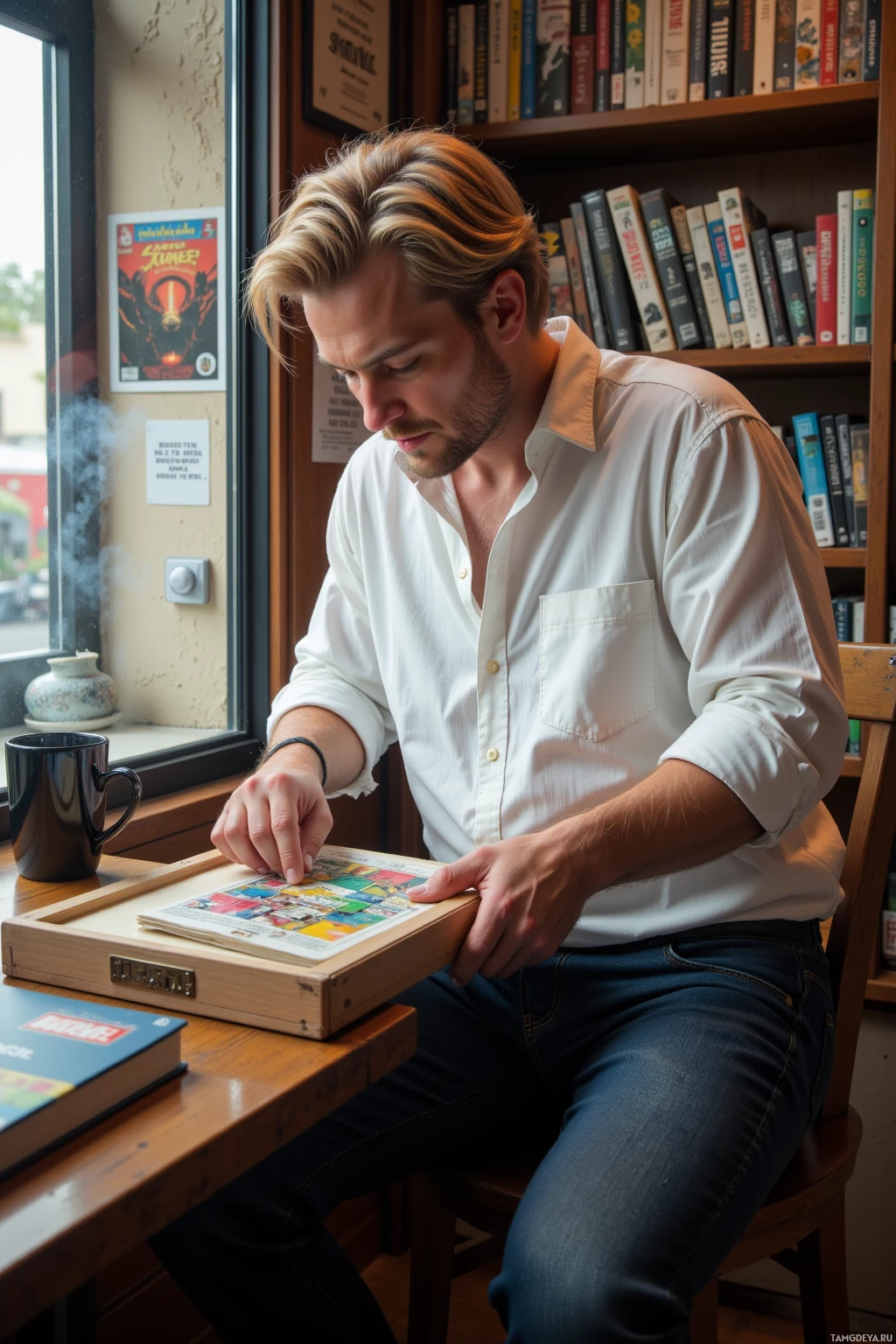A man in a white shirt sits at a table, reading a comic book.