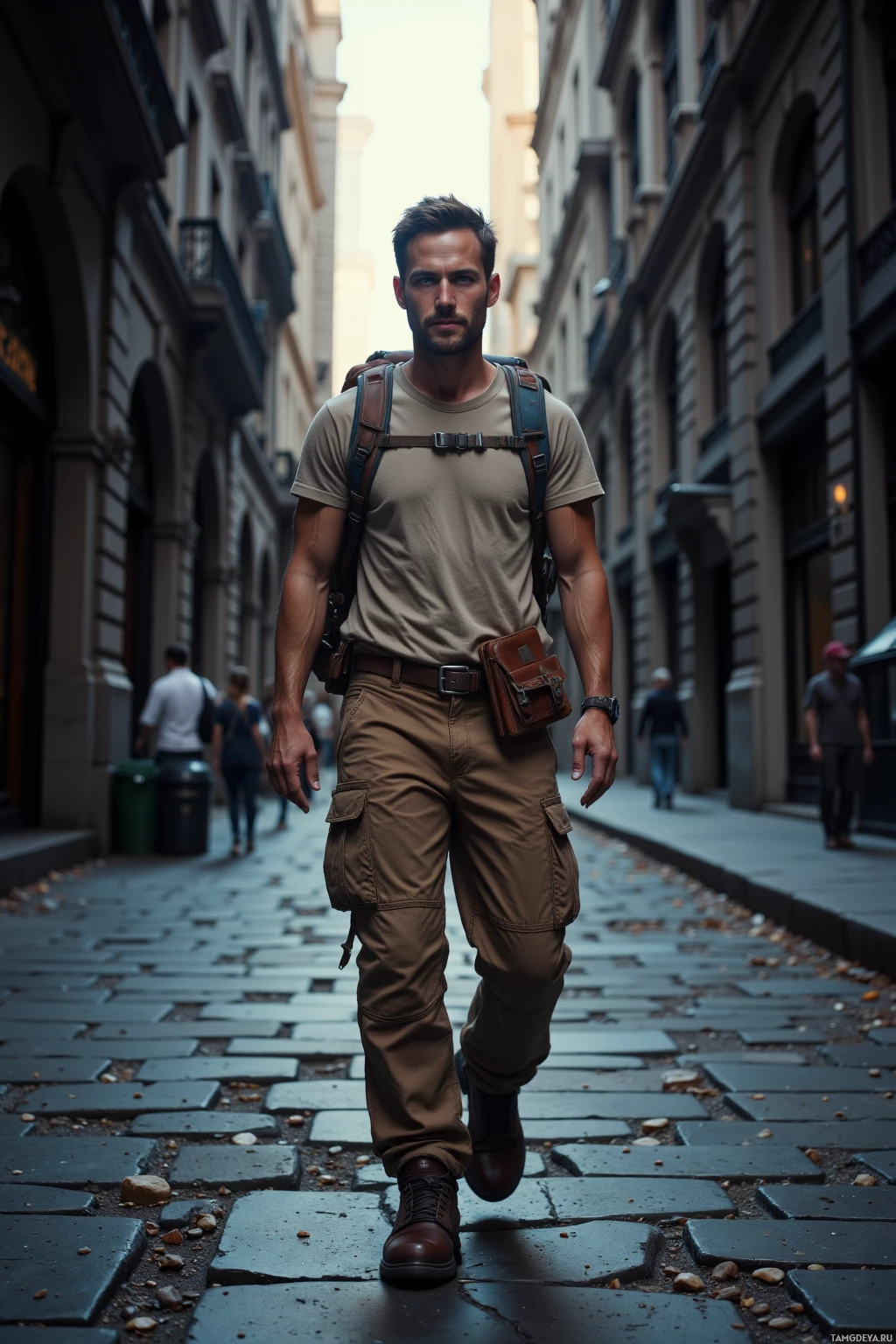 A man walks down a cobblestone street in an urban setting, carrying a backpack and wearing a casual outfit.