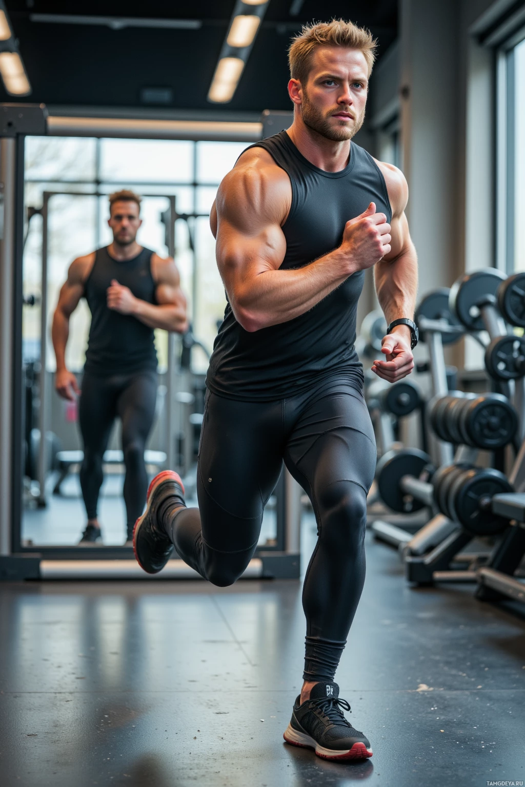Two muscular men running in a gym.