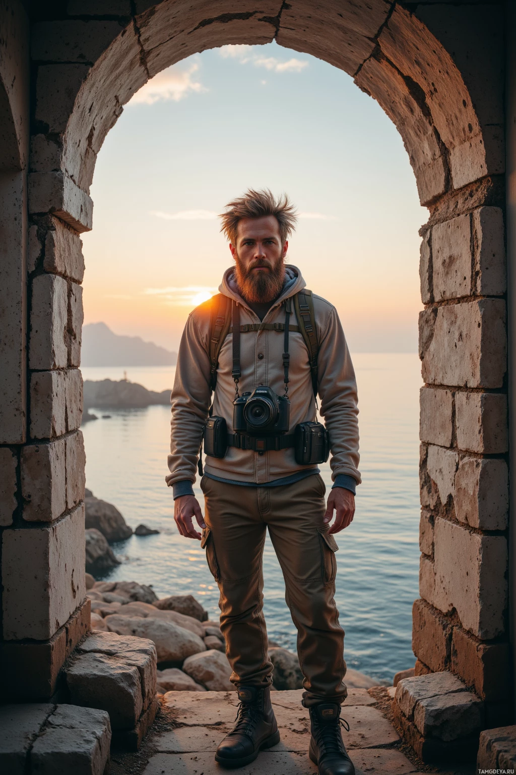 A man stands in an arched stone doorway overlooking a serene body of water at sunset.