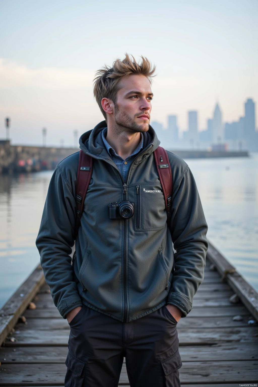 A person stands on a dock, wearing a jacket and carrying a backpack, with a city skyline in the background.