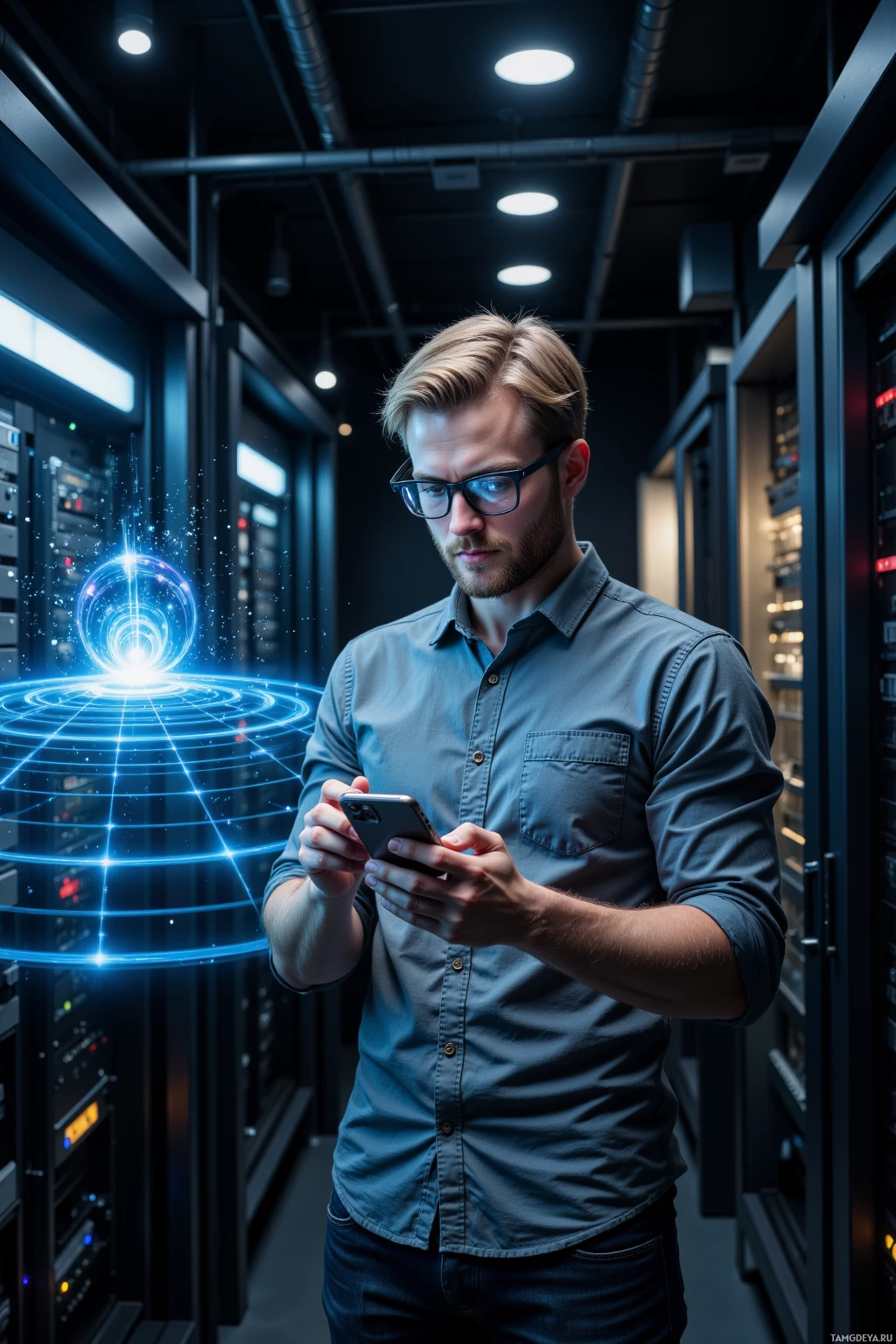 A man in a server room uses a smartphone with a glowing holographic interface.