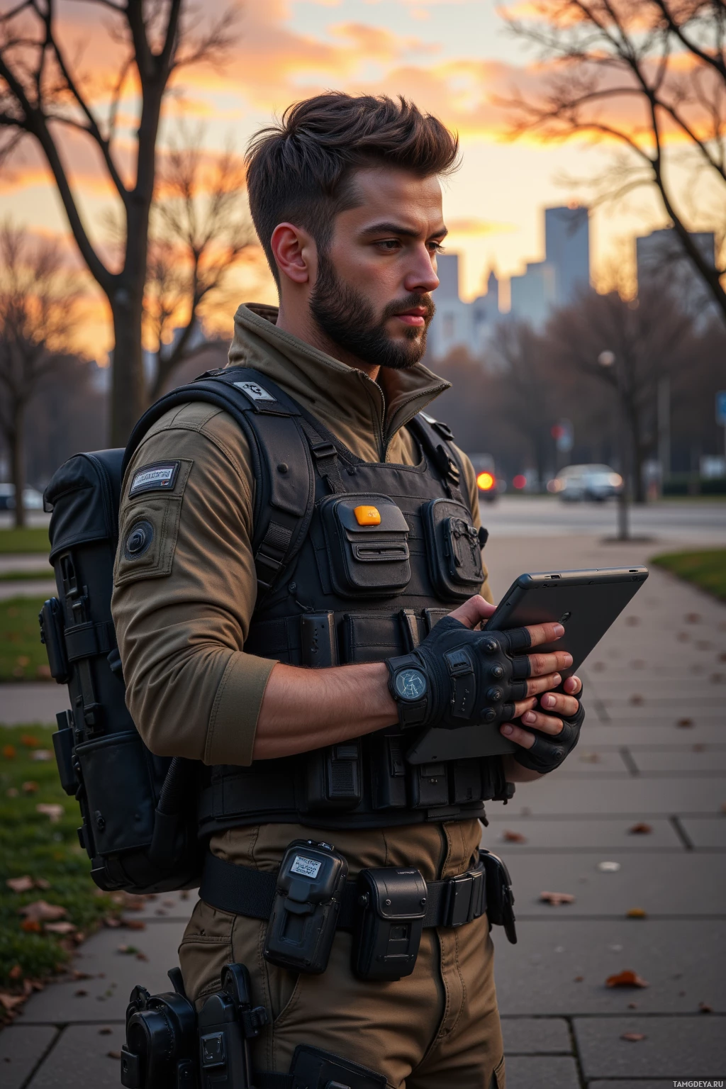 A person in tactical gear holding a tablet outdoors.