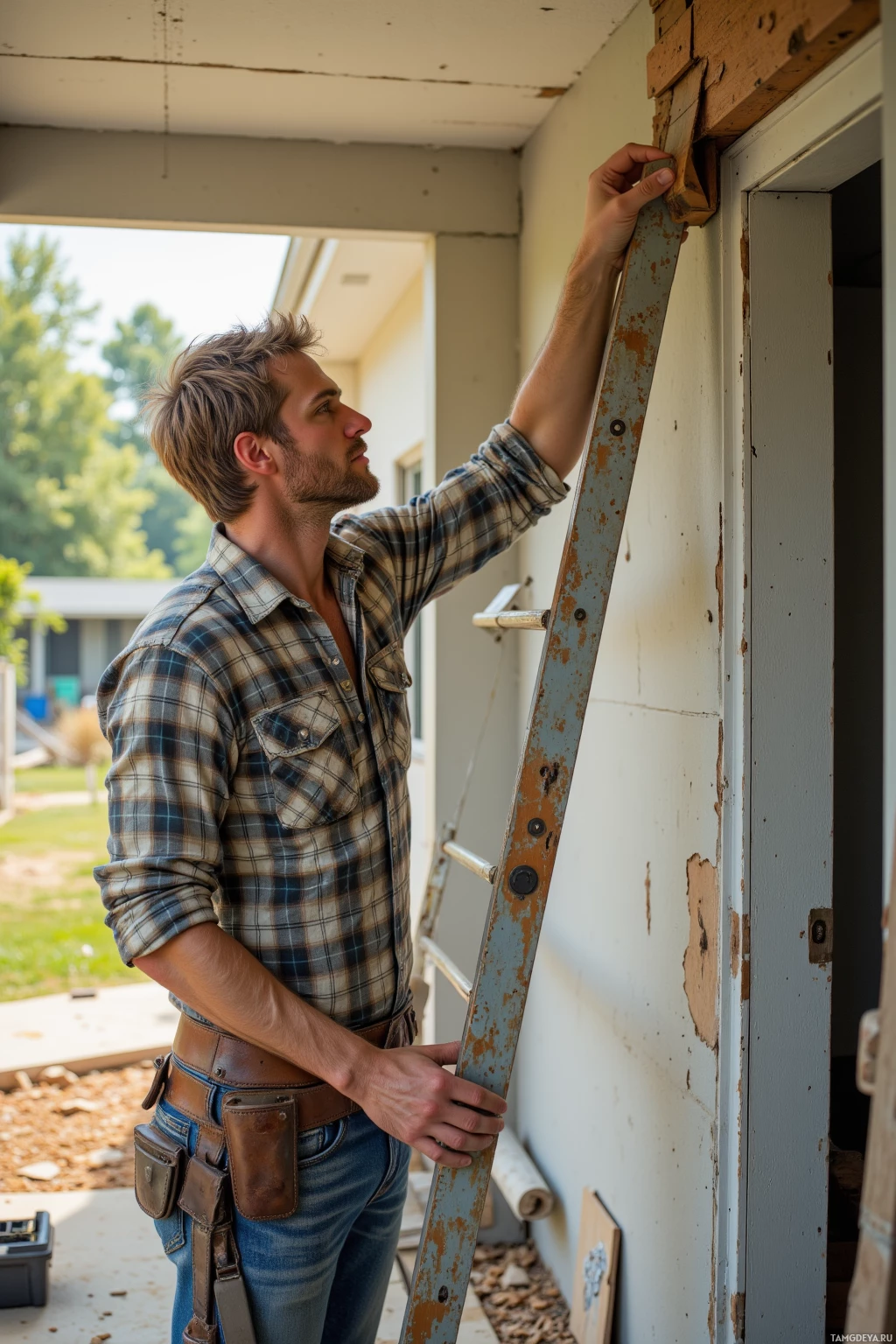 A man in a plaid shirt and jeans is working on a door frame.