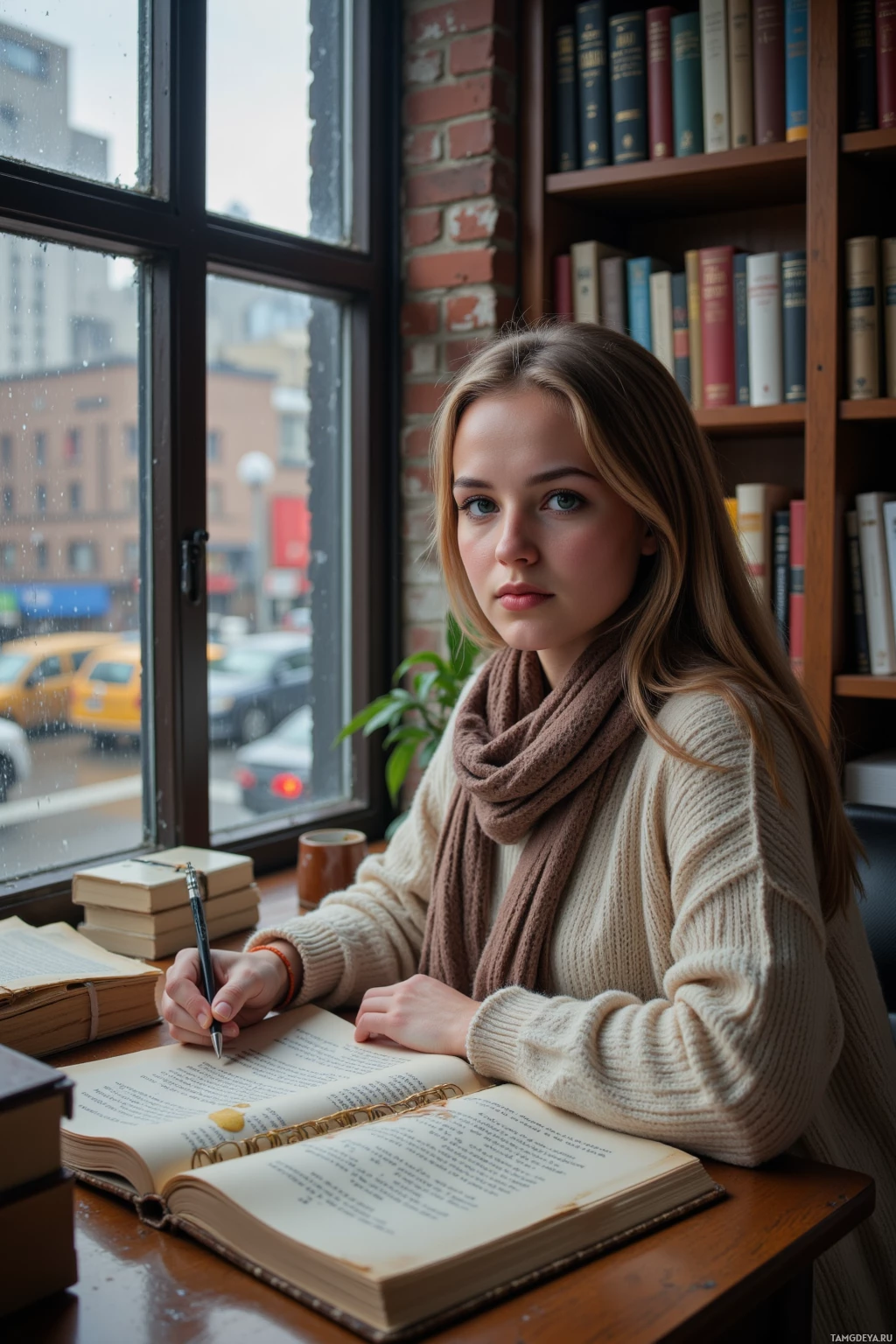 A young woman sits at a desk by a window, writing in a book.