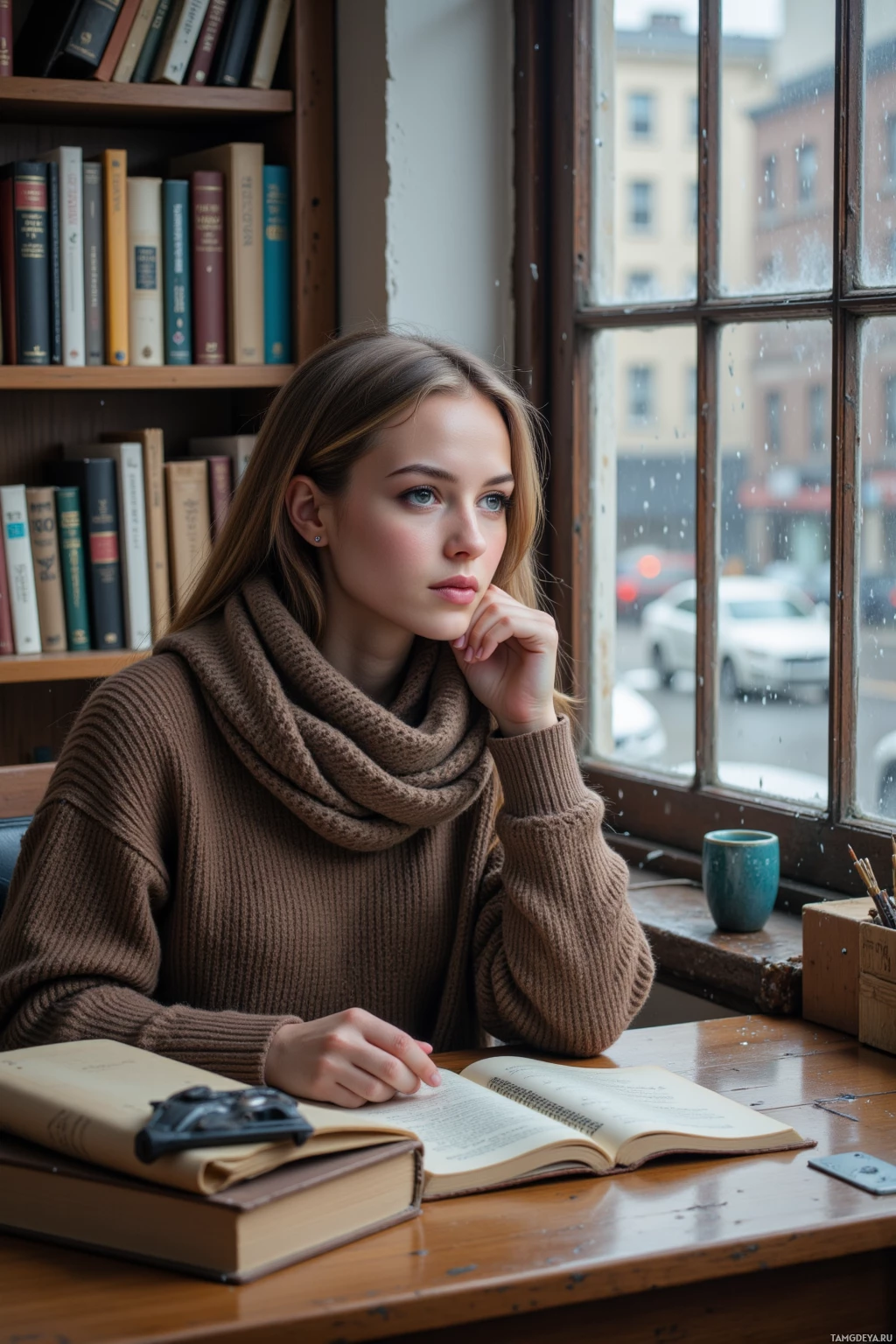 A person in a cozy brown sweater sits at a wooden desk by a window, reading an open book.