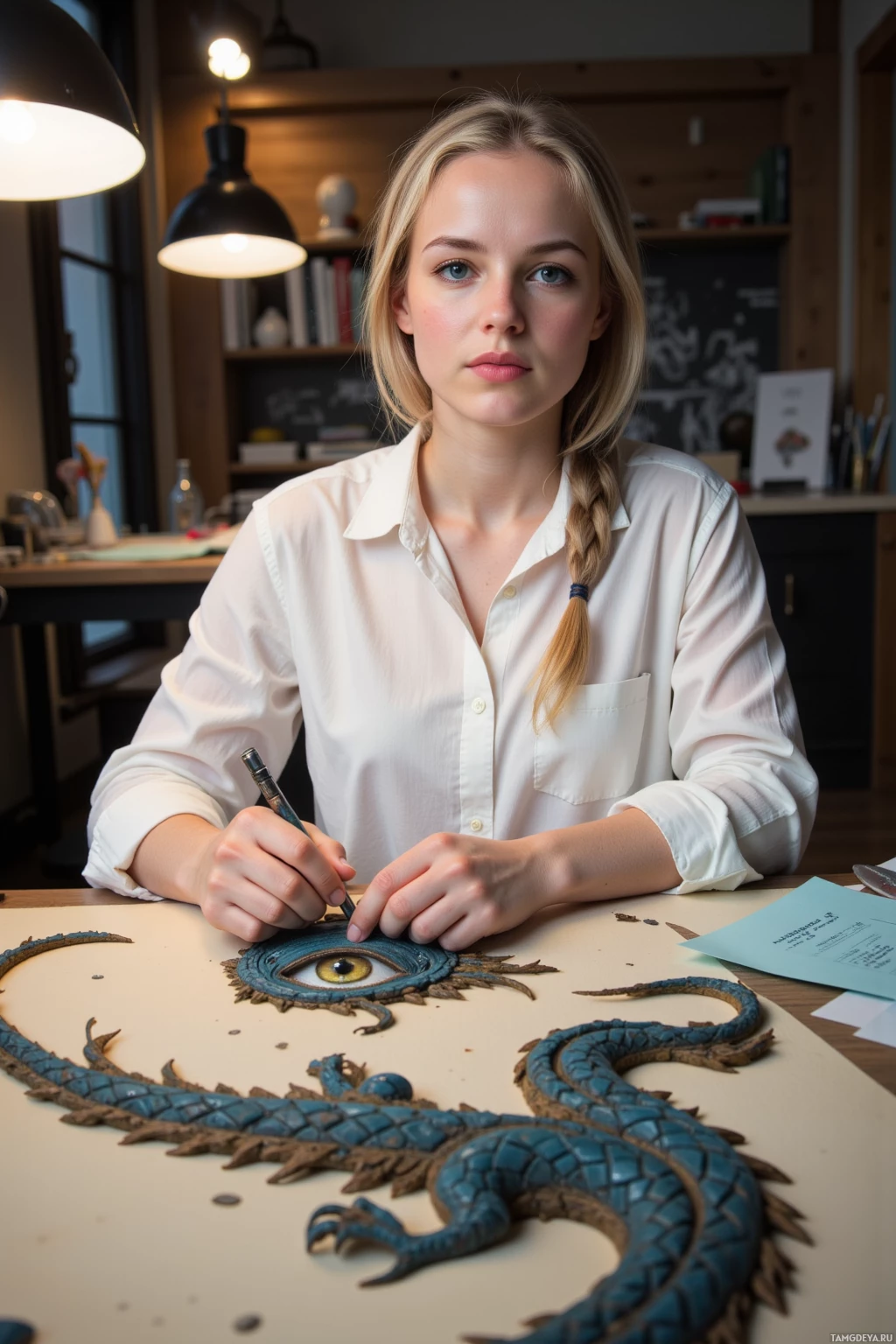 A person is working on a detailed dragon sculpture in a well-lit studio.