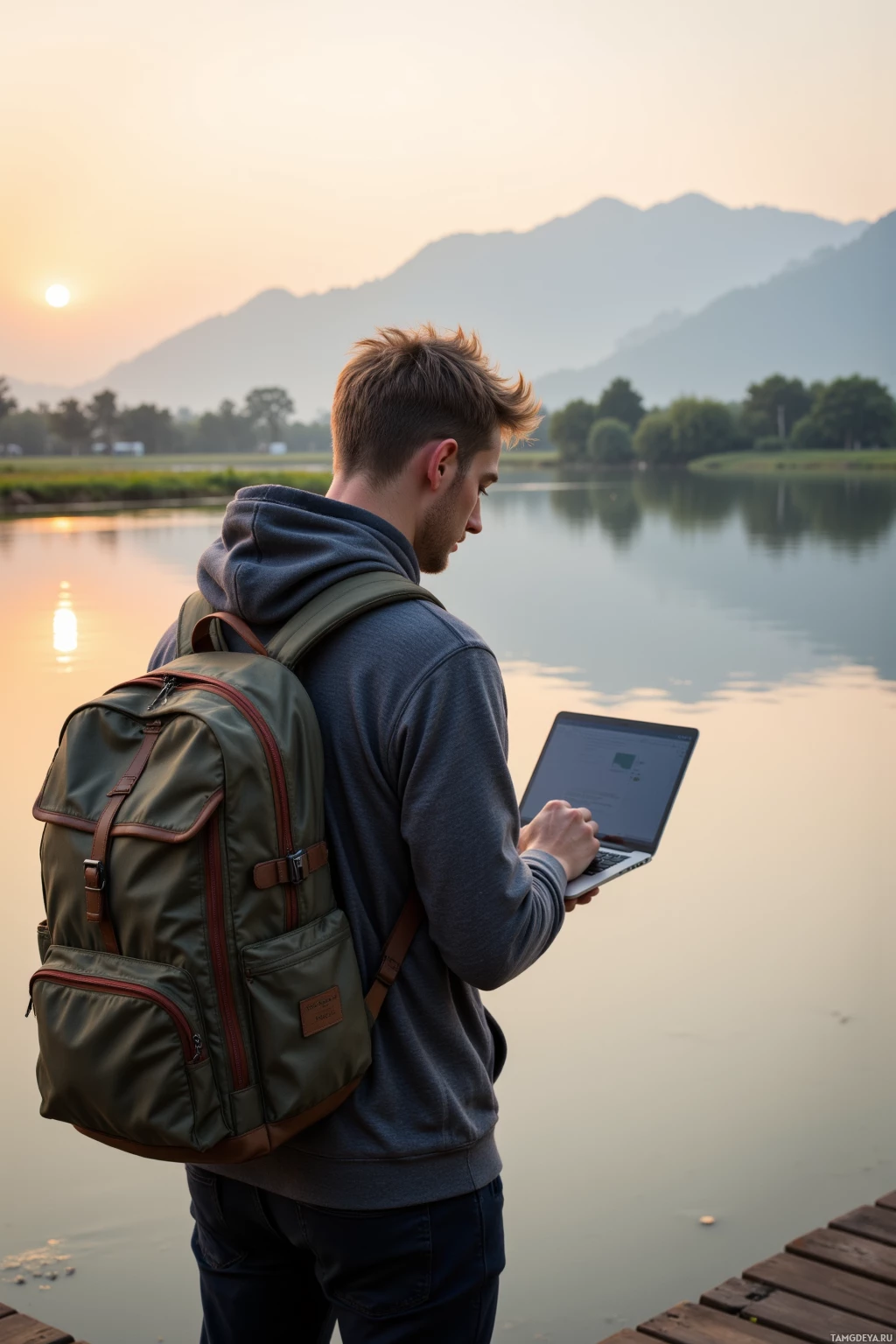 A person stands on a dock by a lake, using a laptop with a scenic sunset and mountains in the background.