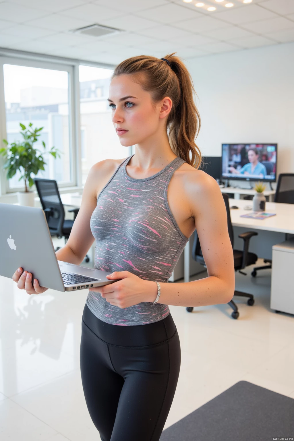 A woman in athletic wear holds a laptop in an office setting.