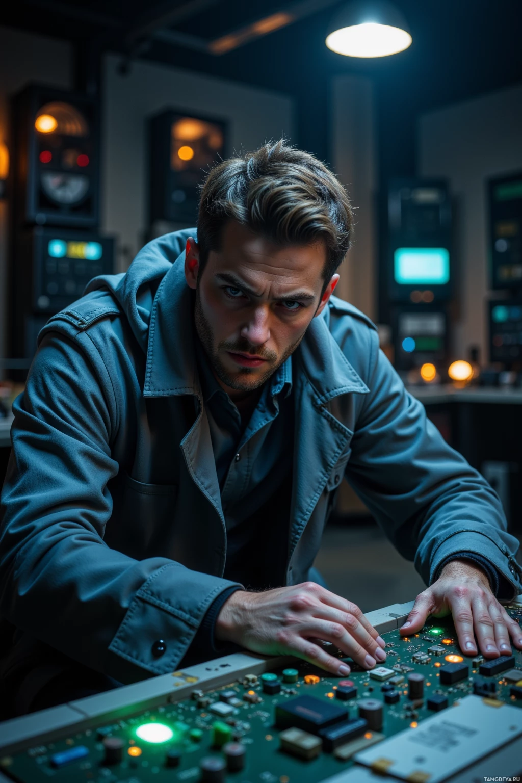A man in a jacket leans over a circuit board in a dimly lit room.