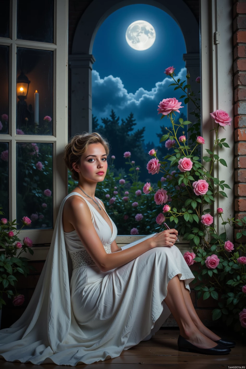 A woman in a white dress sits by a window with pink roses, under a full moon.