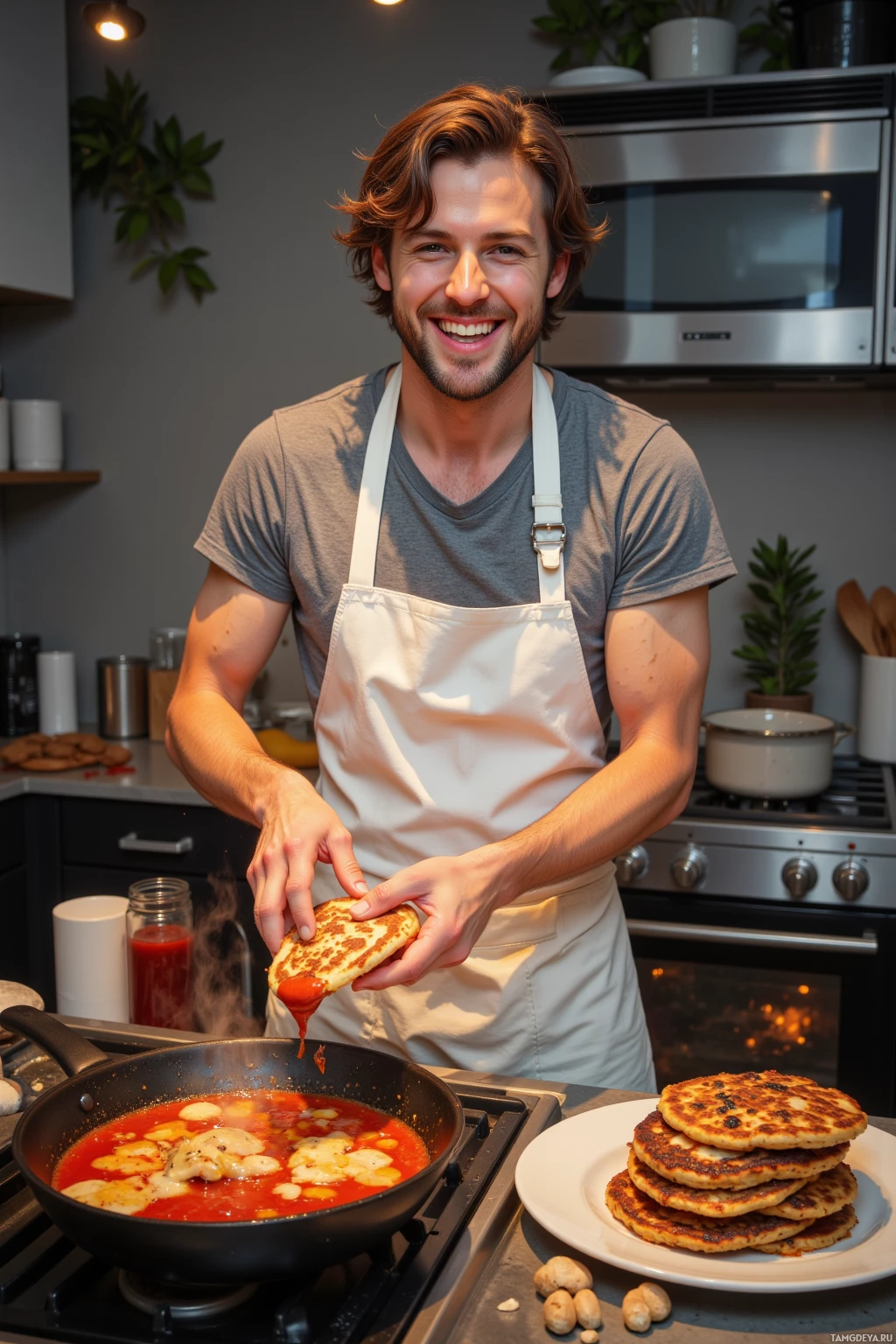 A man in an apron smiles while cooking in a kitchen.