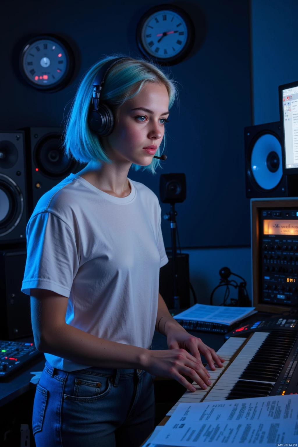 A person wearing headphones stands in a dimly lit studio, preparing to play a keyboard.