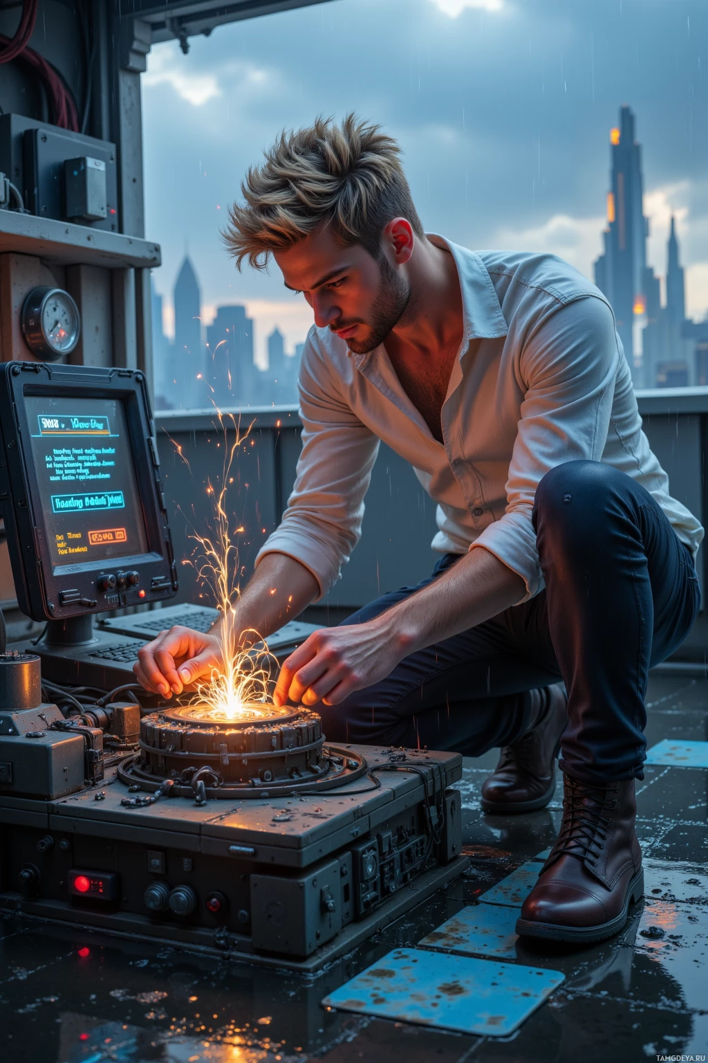 A man crouches near a glowing, sparking device on a rooftop, with a cityscape in the background.