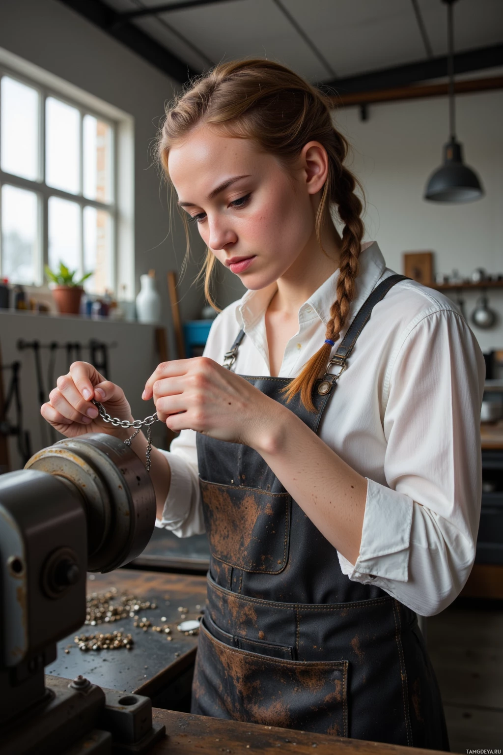 A person wearing an apron works on a piece of jewelry in a workshop.