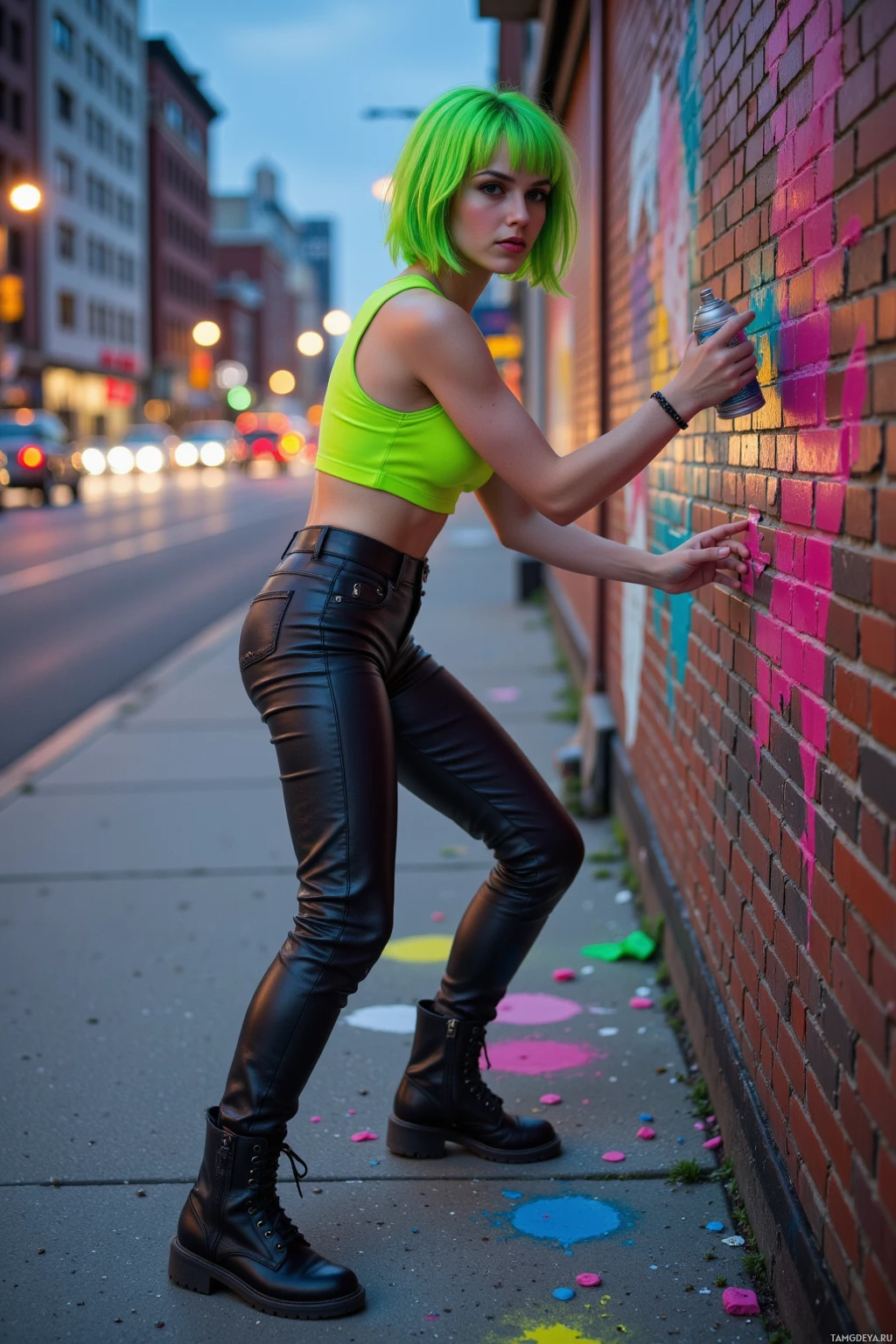 A person with bright green hair stands on a sidewalk, spray painting a brick wall.