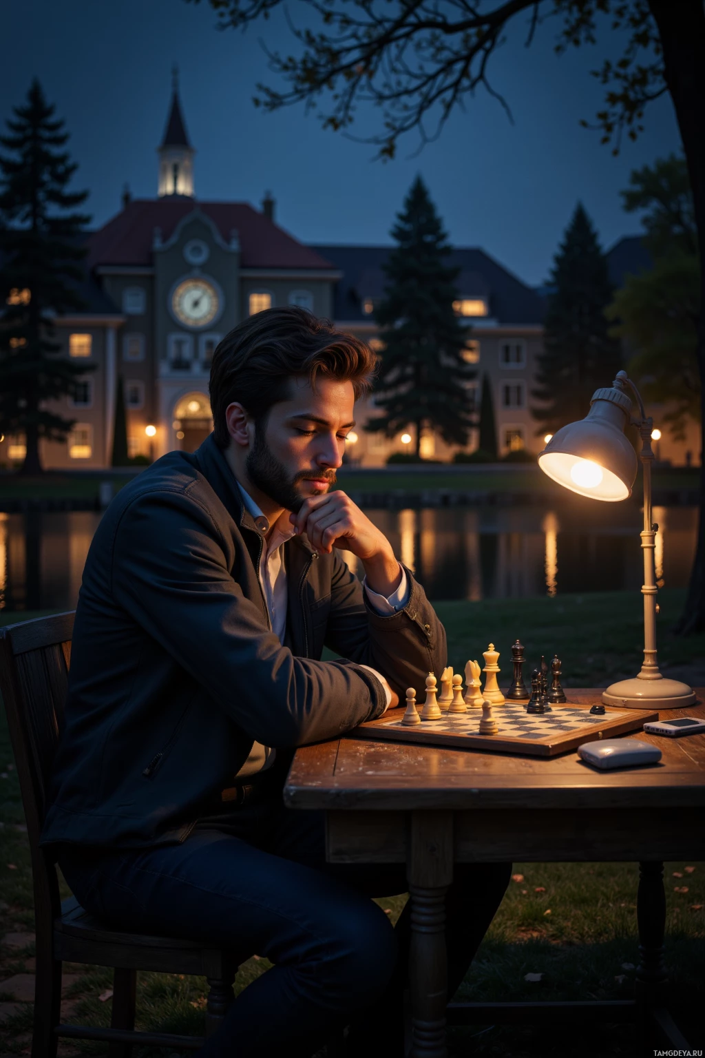 A man sits at a table by a lamp, deep in thought while playing chess in a serene outdoor setting.