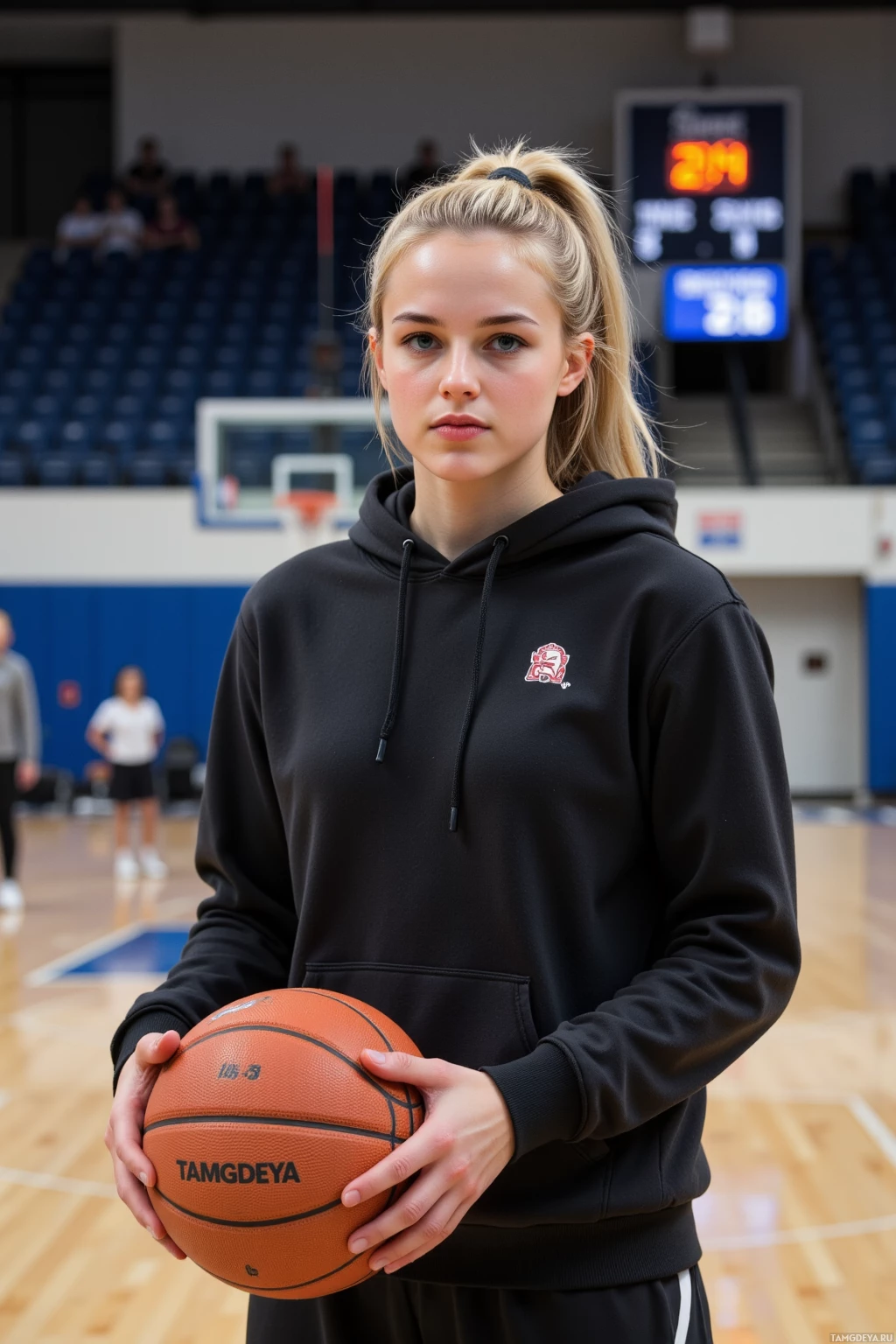 A person in a black hoodie holds a basketball on an indoor court.