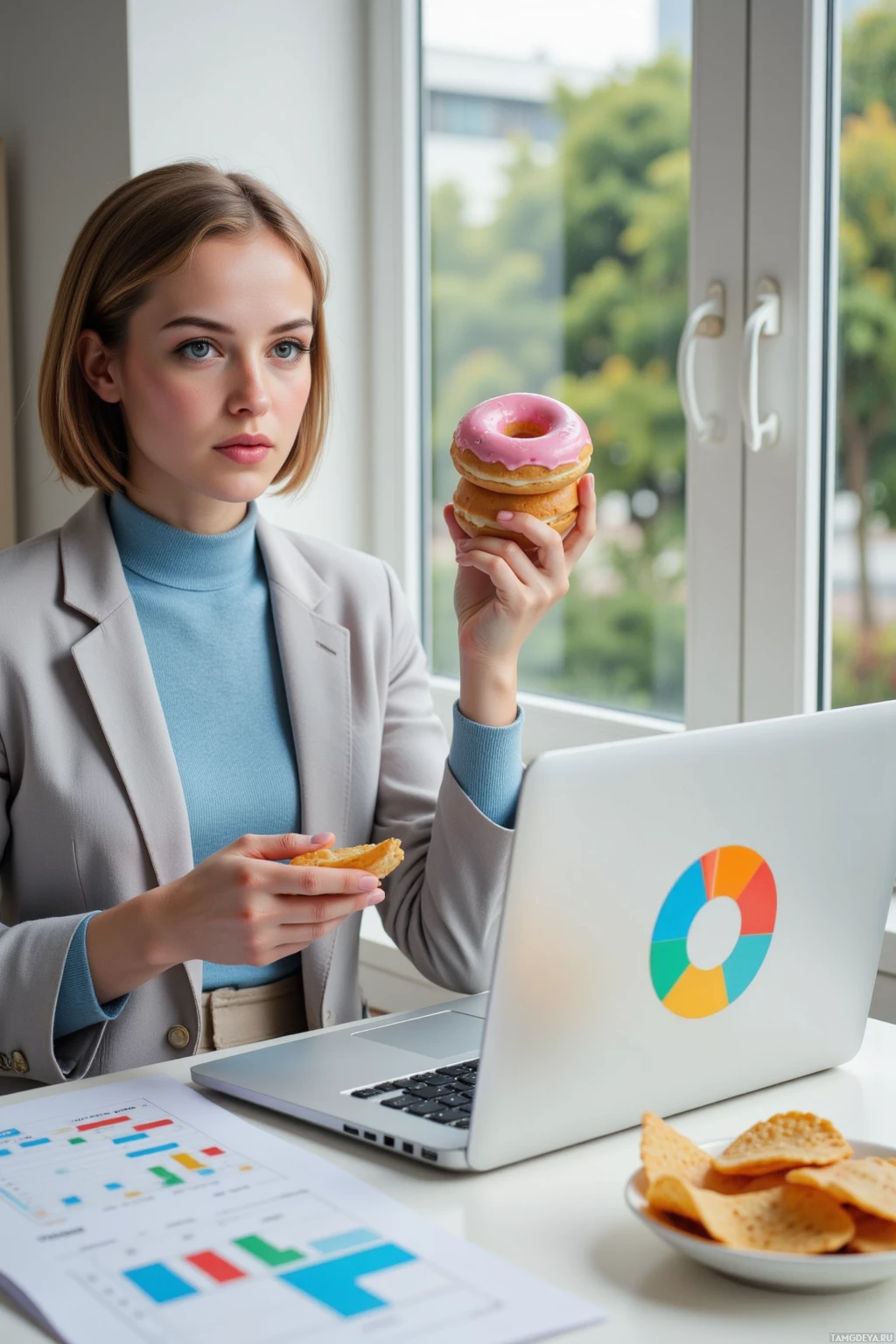 A woman in a professional setting holds a donut while working at a desk with a laptop and documents.