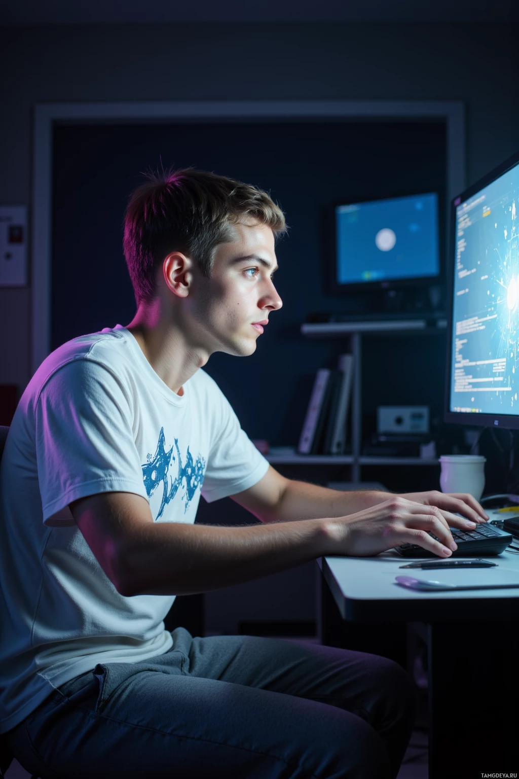 A young man is sitting at a desk, focused on a computer screen.