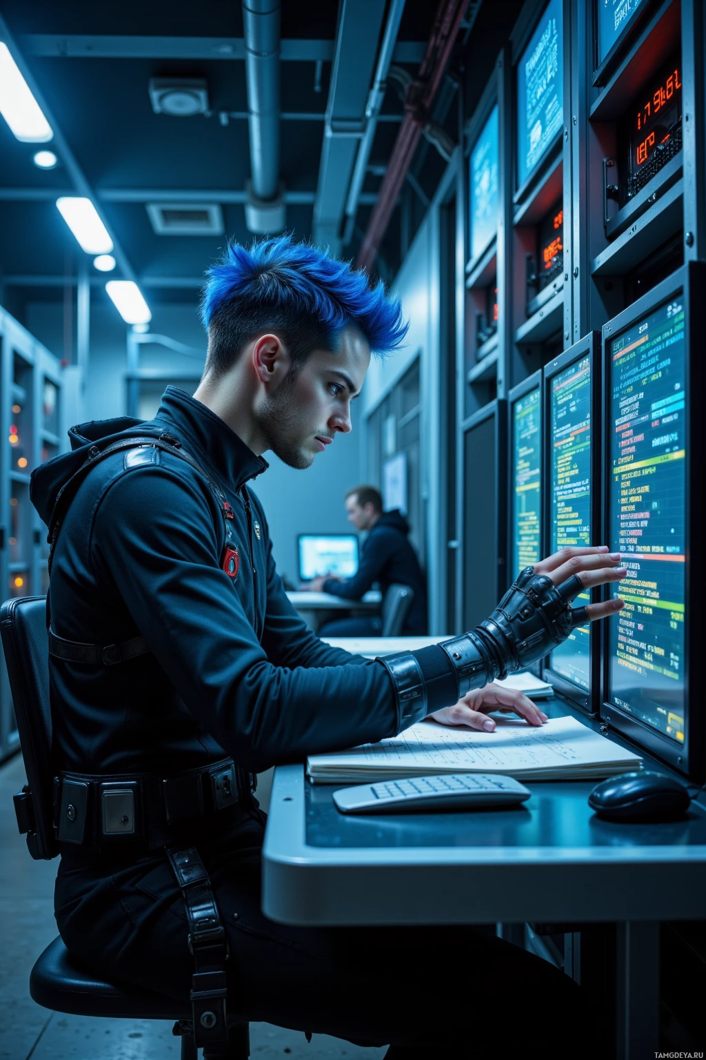A person with blue hair works at a computer in a dimly lit, high-tech environment.