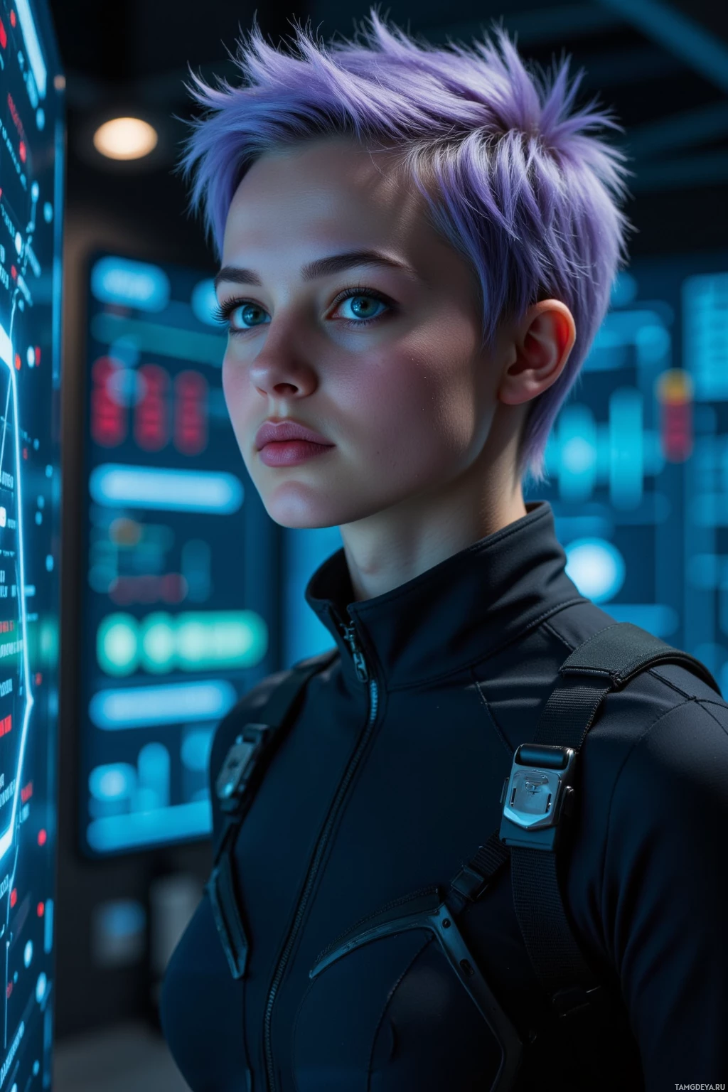 A person with short, spiky purple hair stands in a futuristic setting with a high-tech interface in the background.