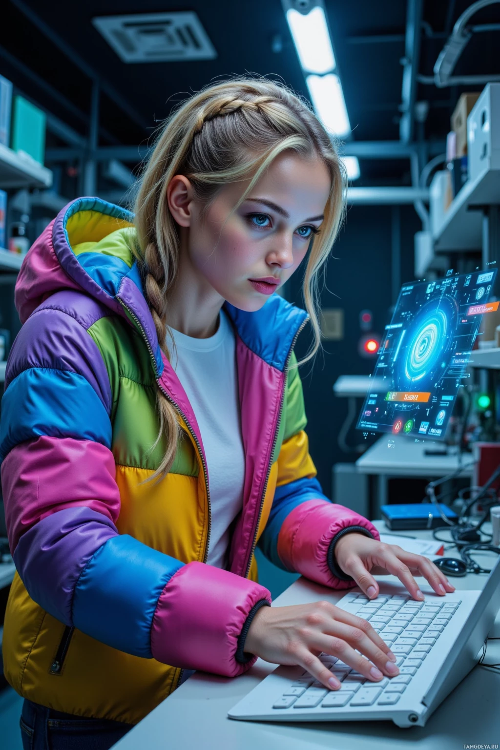 A person in a colorful jacket is working on a computer in a modern, tech-focused environment.