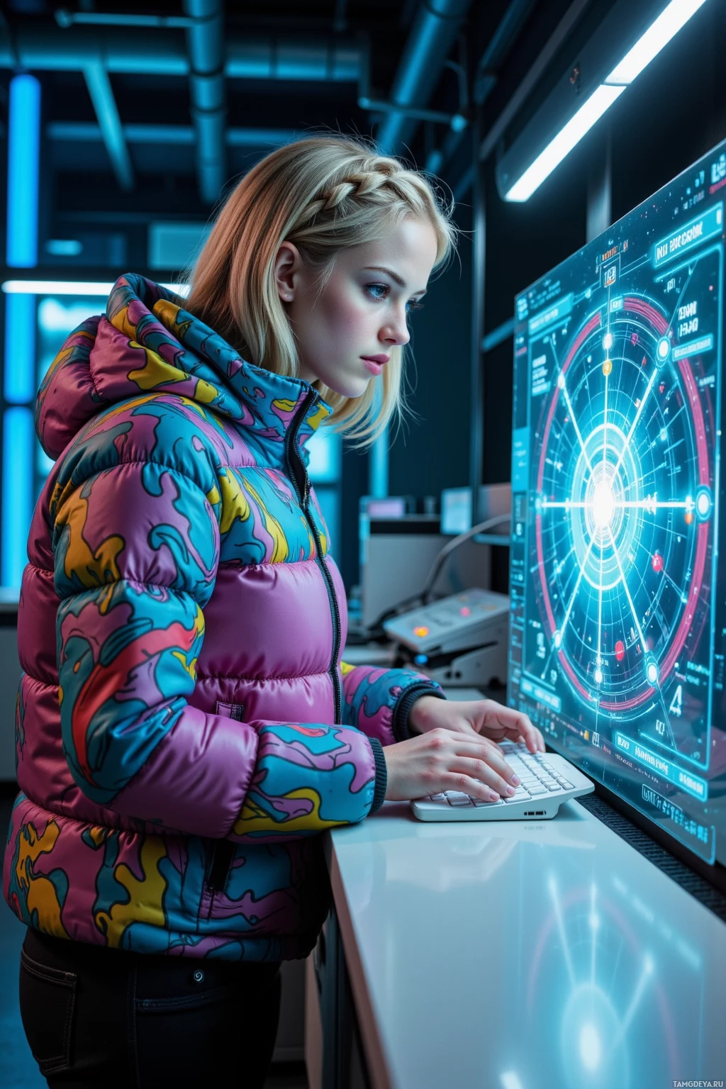 A person in a colorful jacket works at a futuristic computer interface.