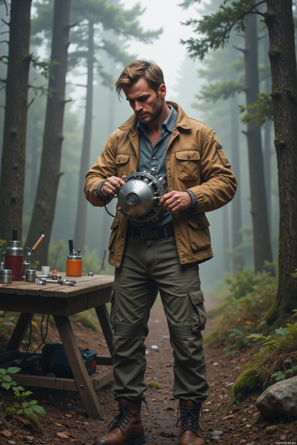 A man in a forest setting examines a mechanical device while standing near a picnic table with camping gear.