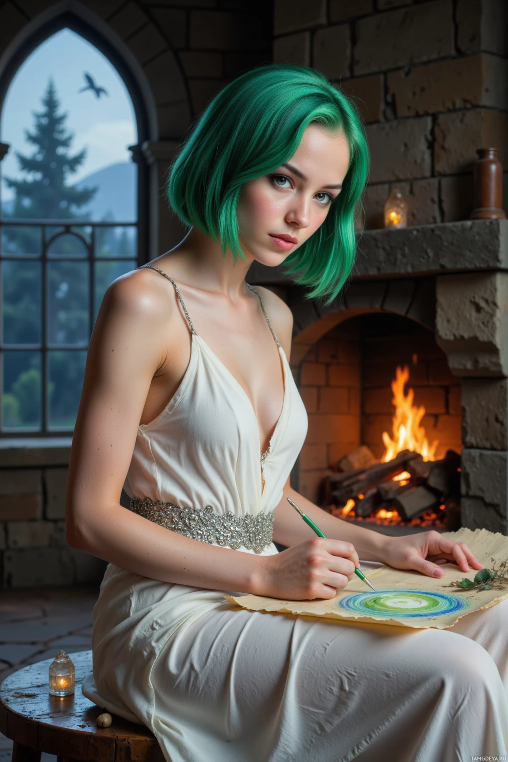 A woman with green hair sits by a fireplace, painting on a piece of paper.
