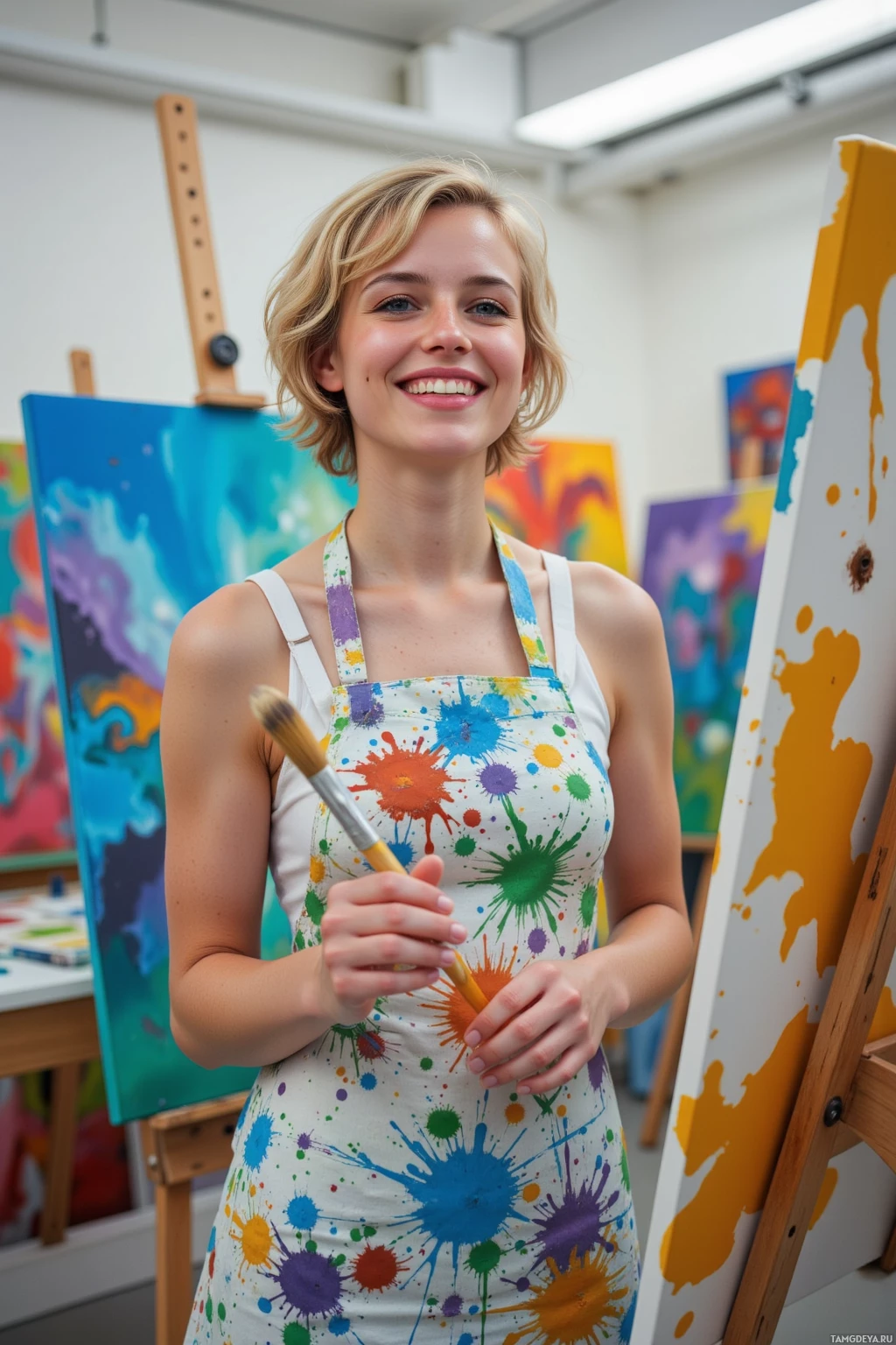 A smiling woman in an apron holding a paintbrush stands in an art studio.