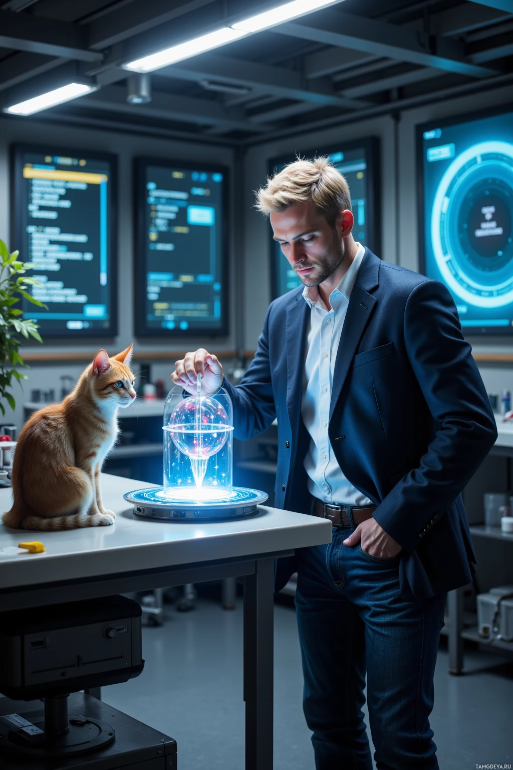 A man in a suit stands in a modern office, interacting with a glowing, futuristic device on a table, while a cat observes nearby.