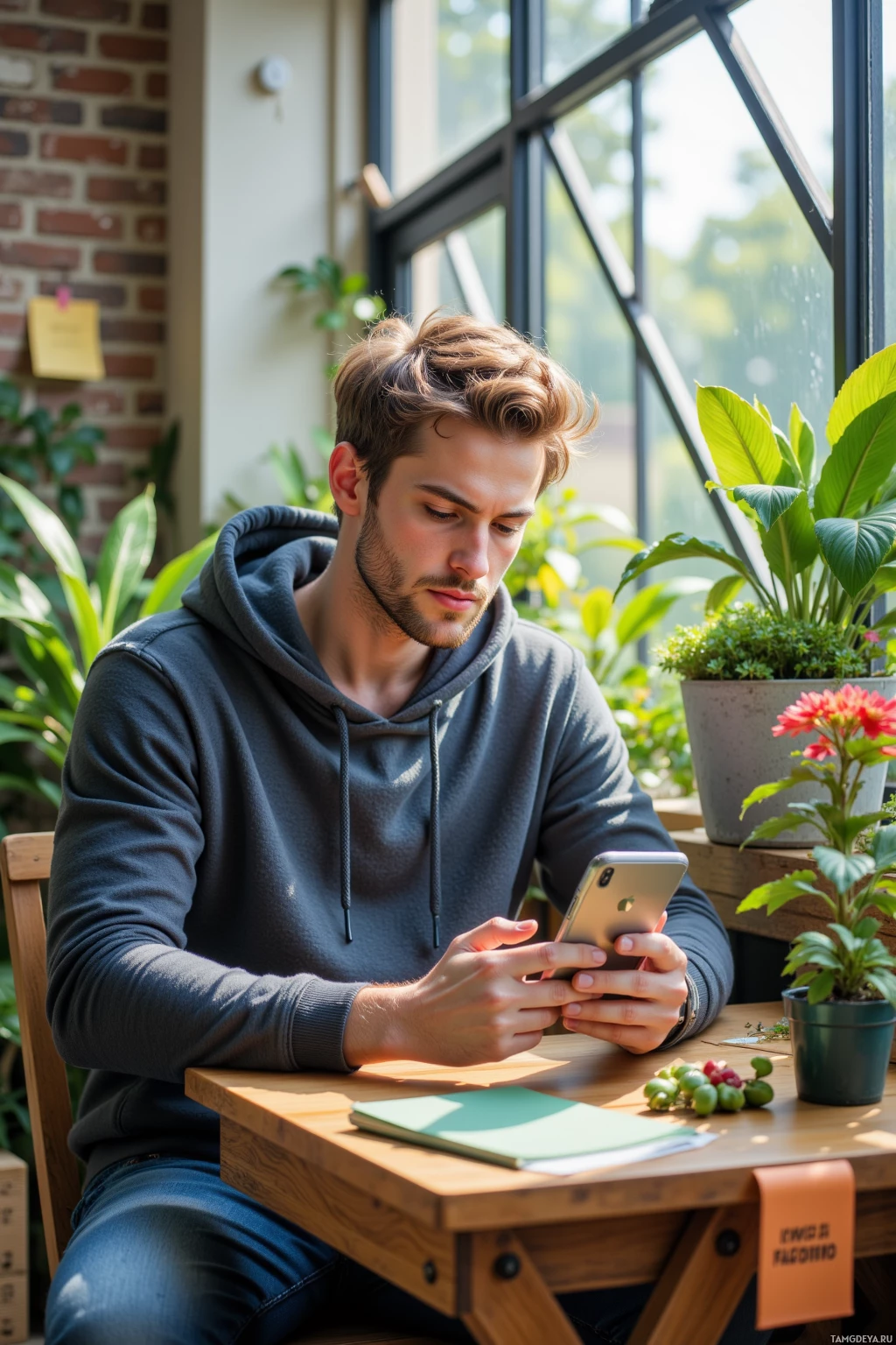 A man in a hoodie sits at a wooden table, looking at his phone.