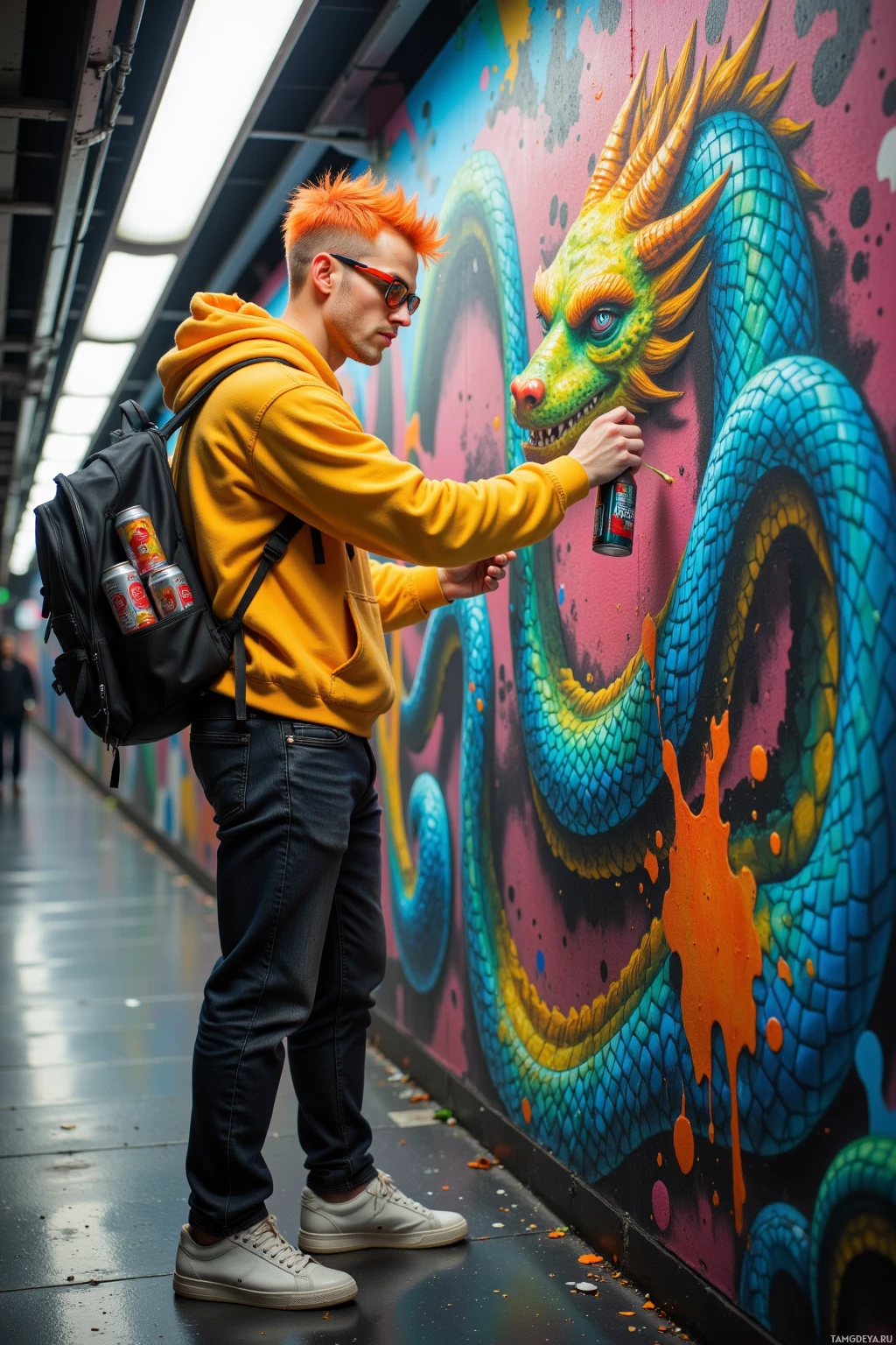 A person in a yellow hoodie and jeans is spray painting a colorful mural of a dragon on a wall.