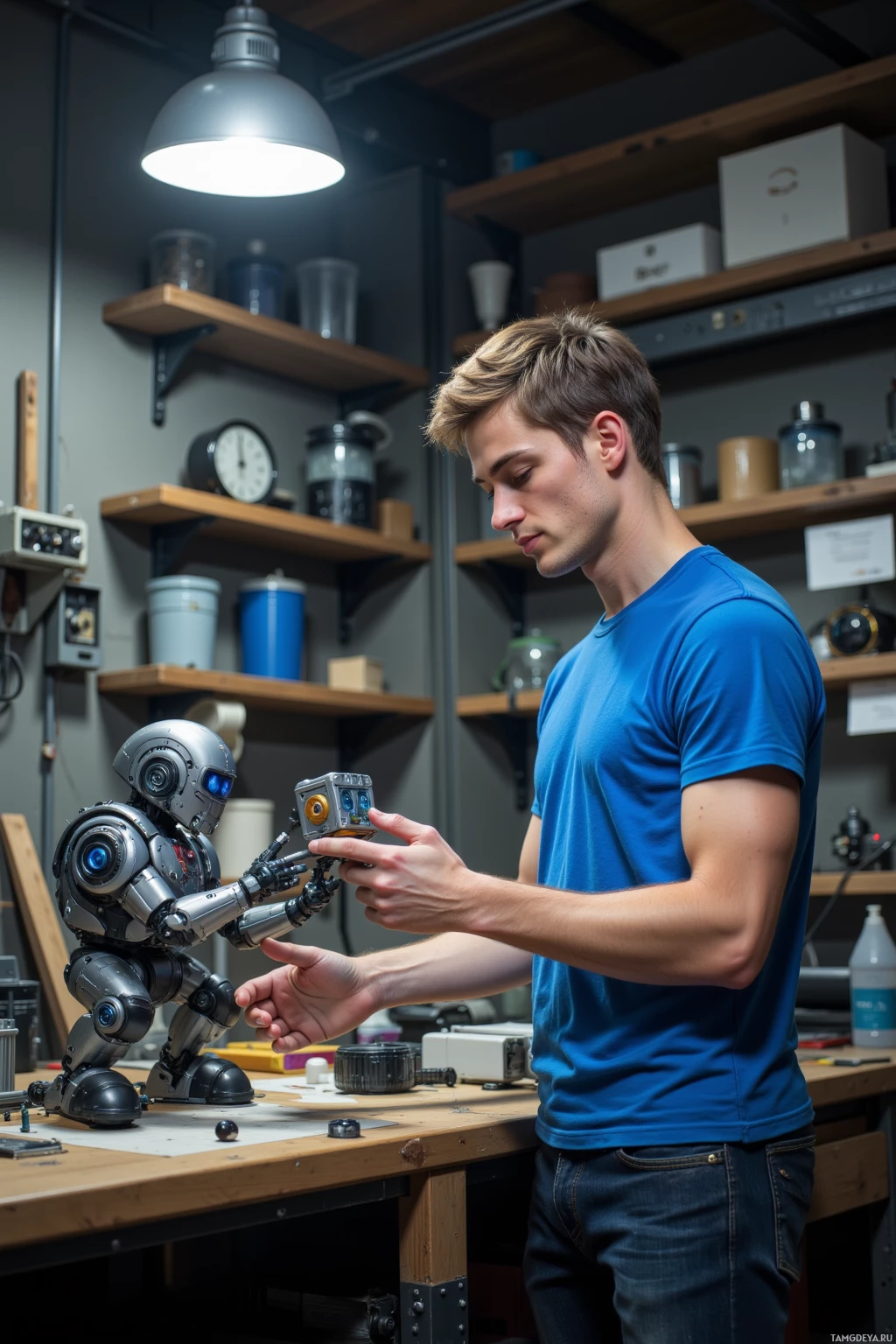 A person interacts with a small robot in a workshop setting.