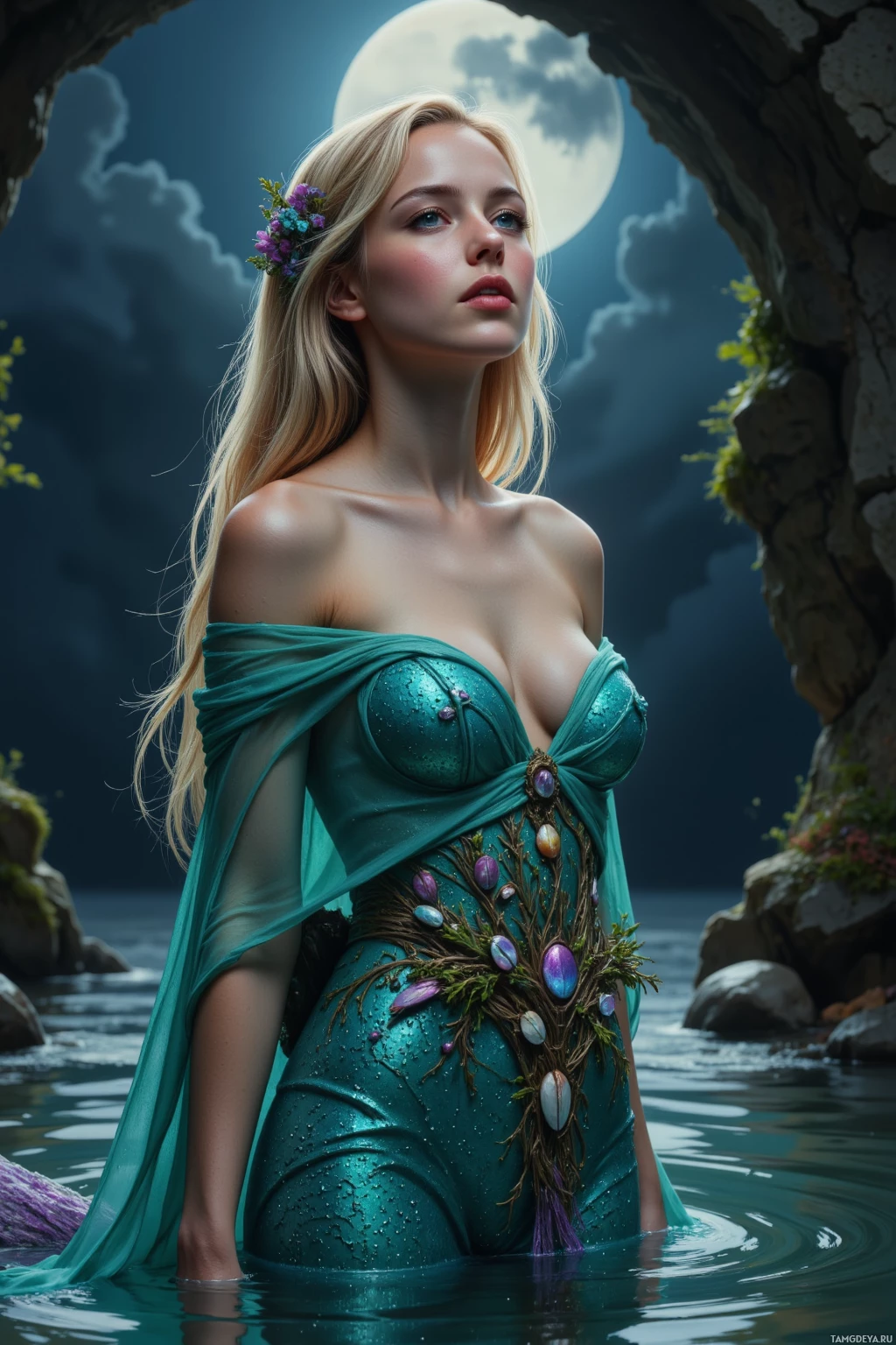 A woman in a teal dress stands in water, adorned with floral and gem embellishments, under a moonlit sky.