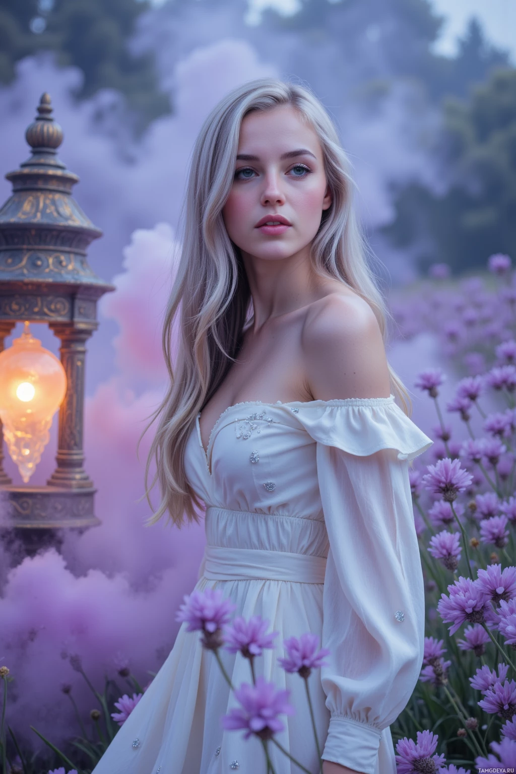 A woman in a white dress stands amidst purple flowers with a glowing lantern in the background.