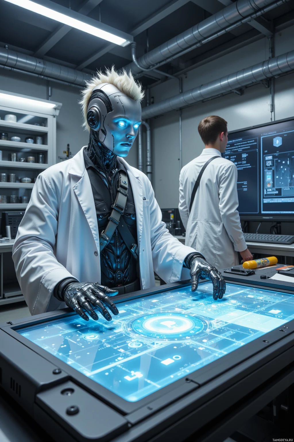 A humanoid robot in a lab coat interacts with a futuristic touch screen.