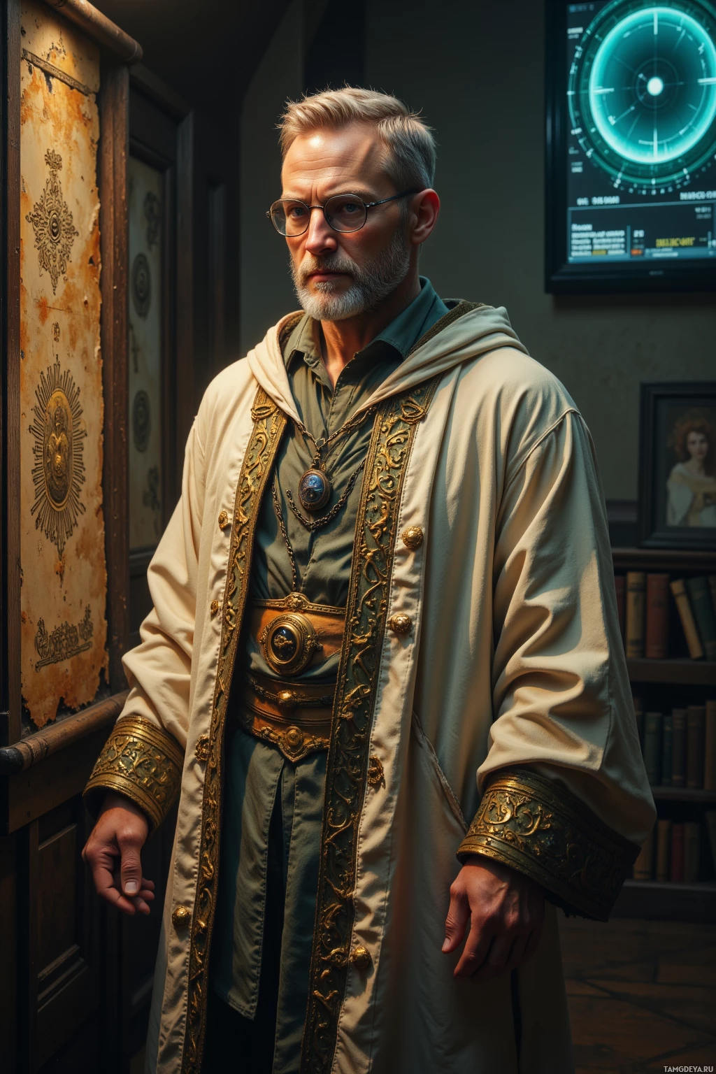 A man in a detailed, ornate robe stands in a room with vintage decor and a modern digital display.