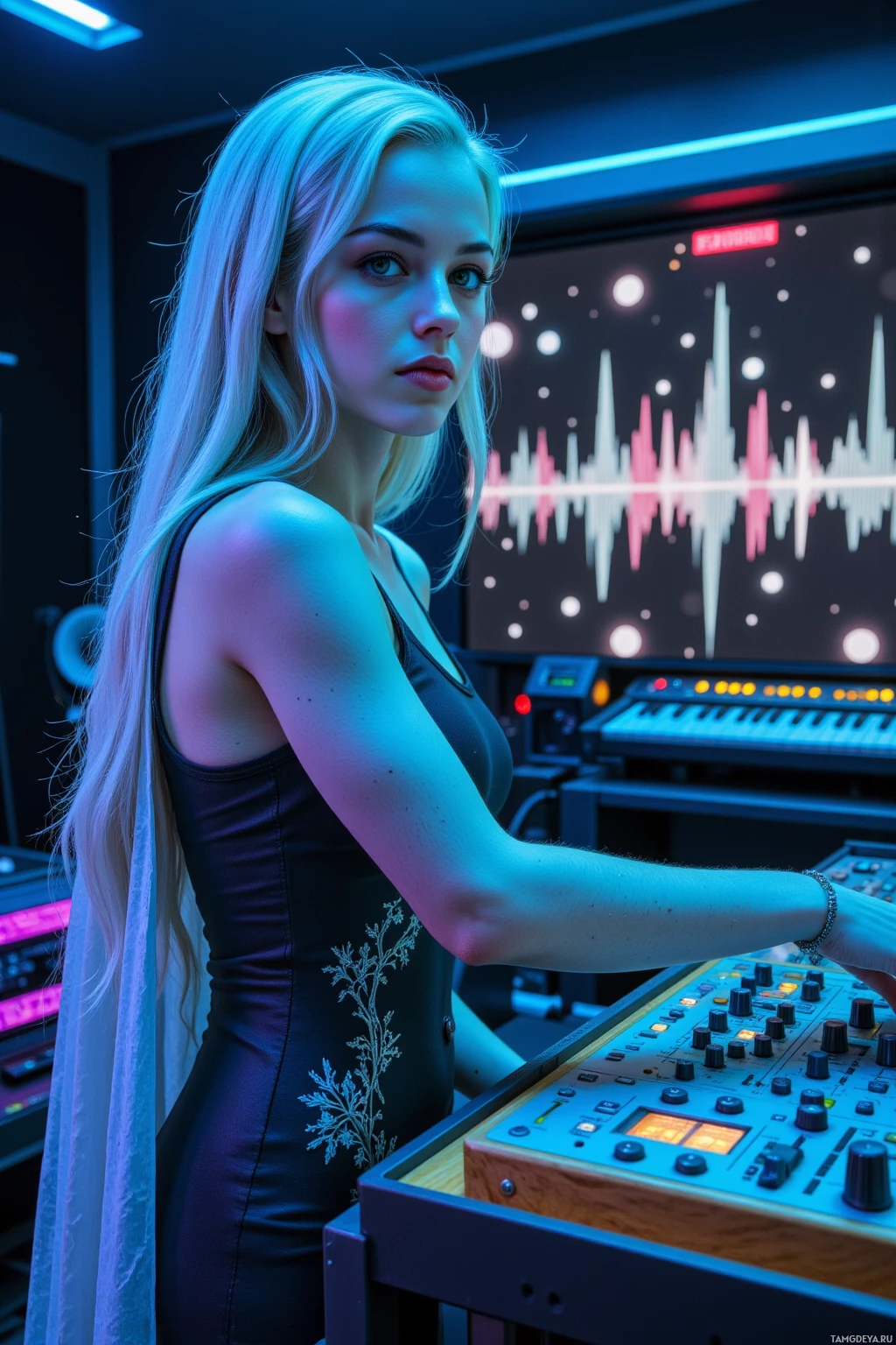 A woman stands in a studio with audio equipment, illuminated by blue lighting.