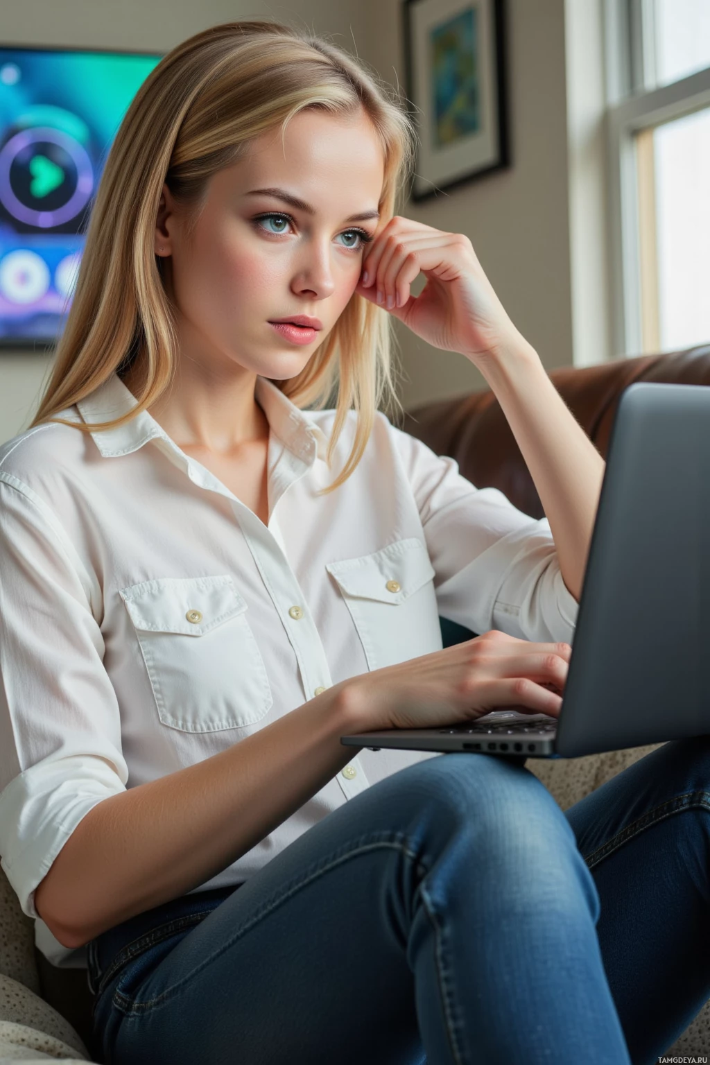 A woman in a white shirt and jeans is sitting on a couch, using a laptop.