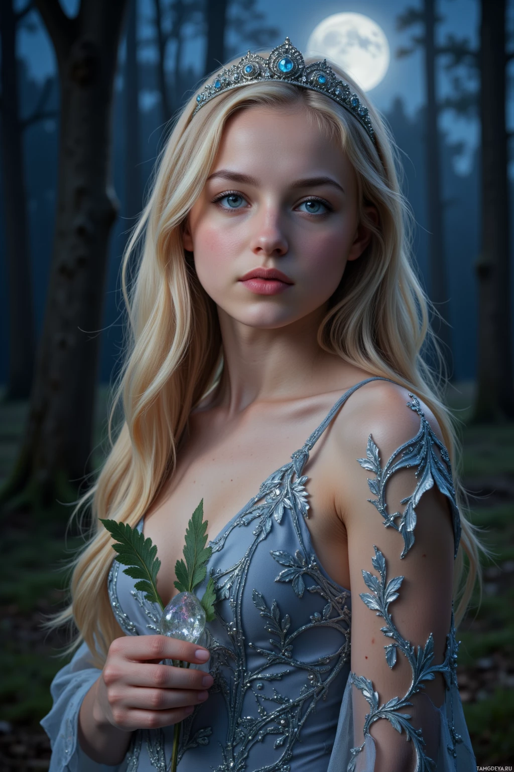 A woman in a silver dress with intricate floral details stands in a forest at night, holding a leafy branch.