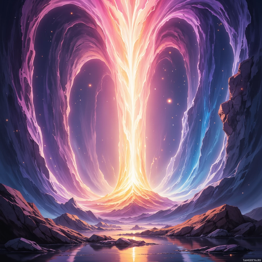 A vibrant, ethereal landscape featuring a glowing, cosmic portal surrounded by rocky terrain and a serene body of water.