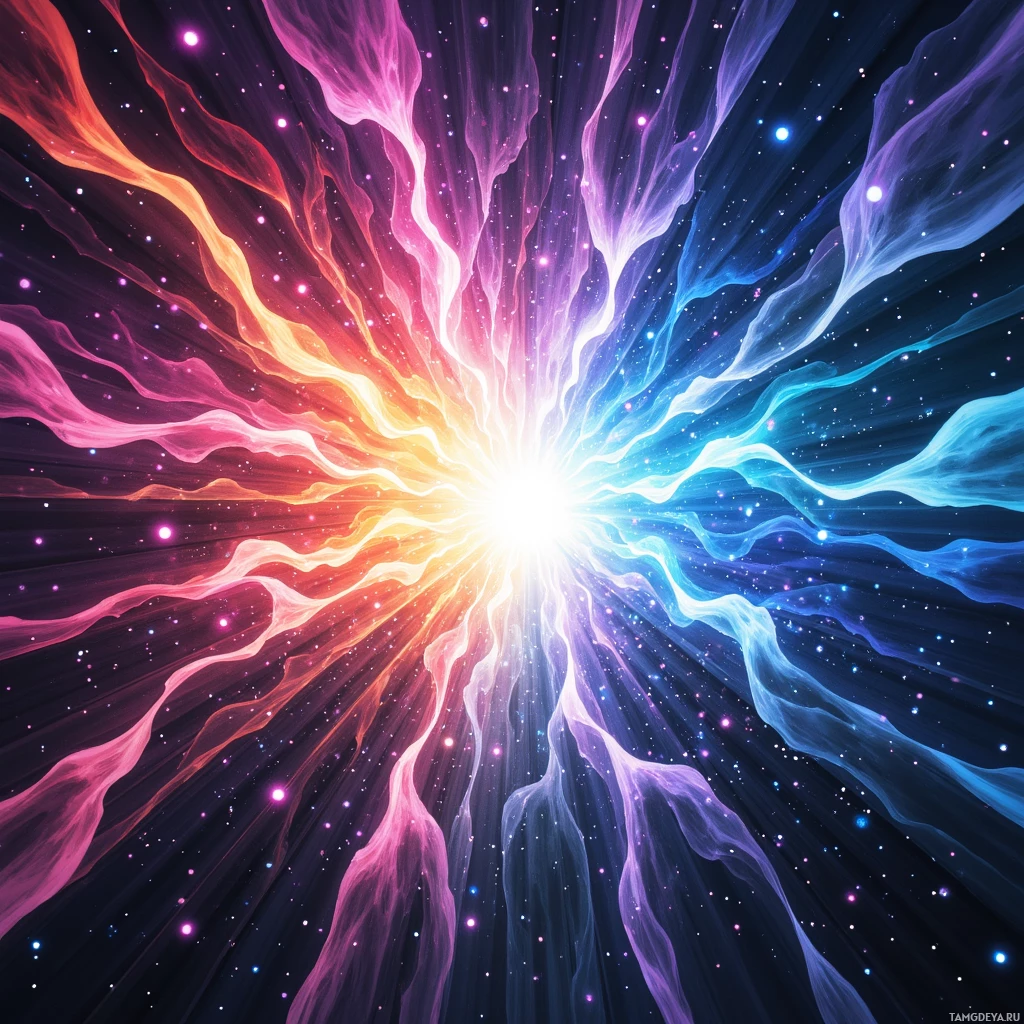 A vibrant cosmic scene with radiant, colorful energy streams radiating outward against a starry background.