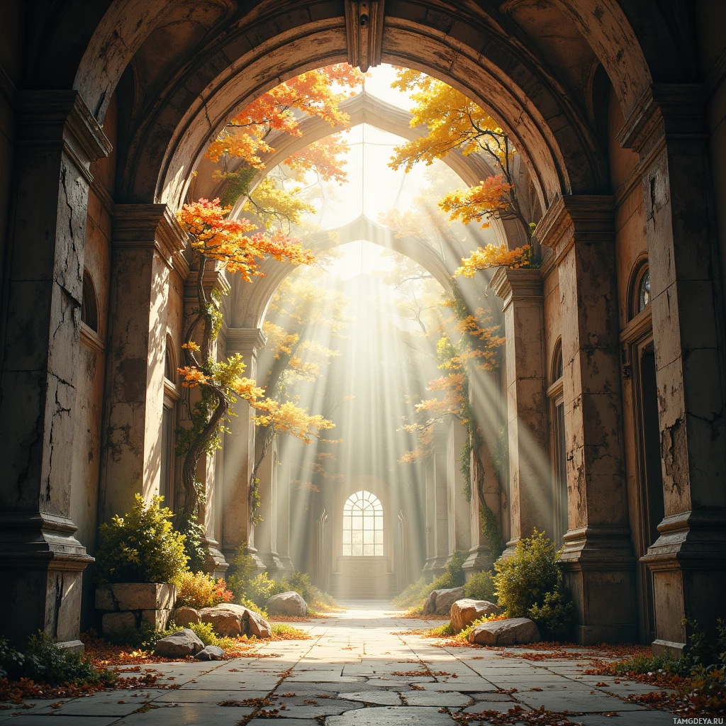 A sunlit archway with autumn foliage and stone pathways.