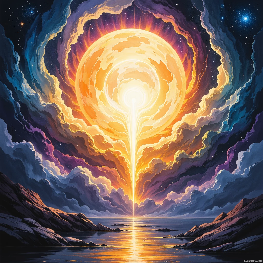 A vibrant cosmic scene with a glowing celestial body and swirling clouds reflected in a calm body of water.