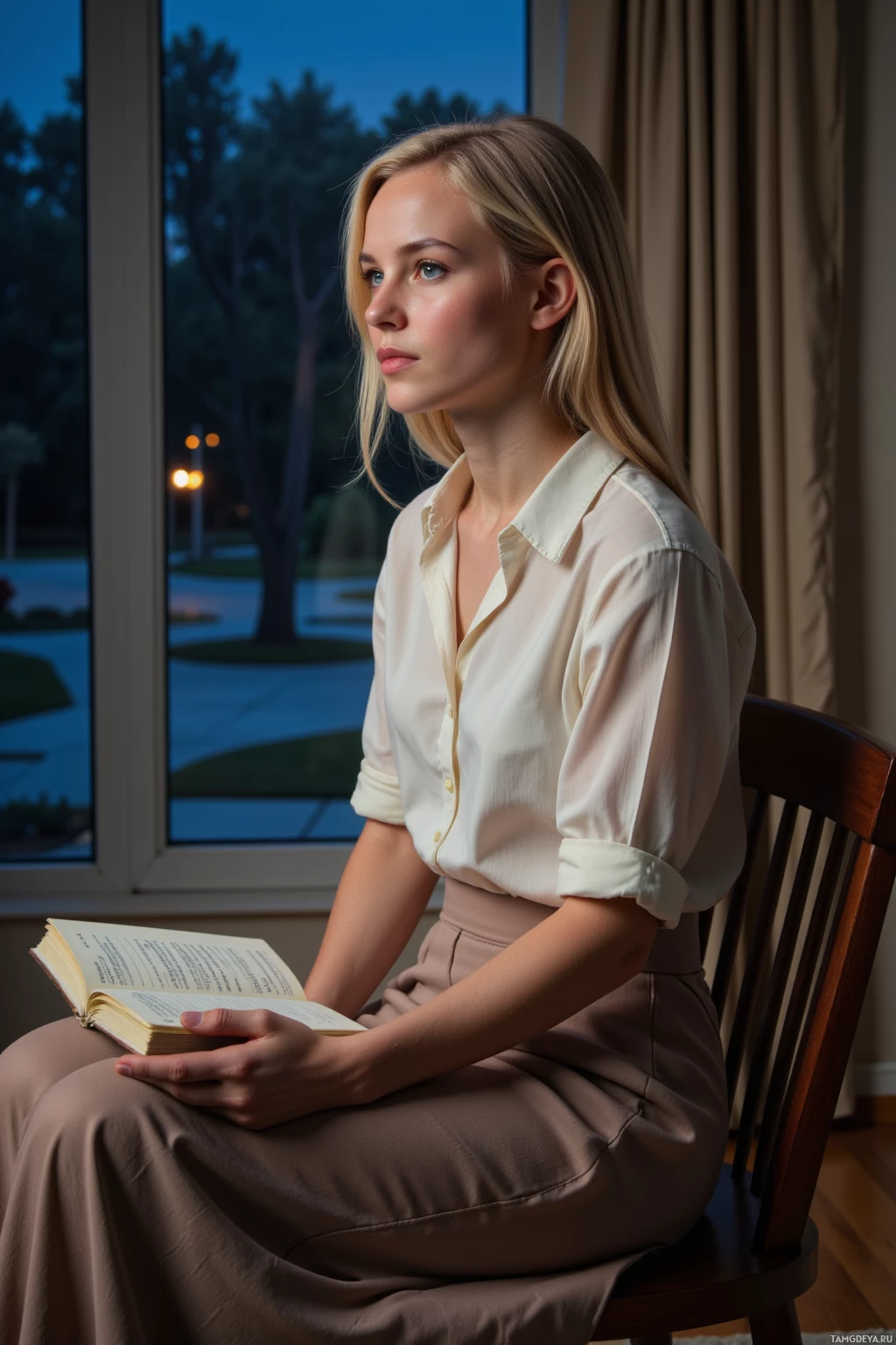 A woman sits by a window, reading a book.