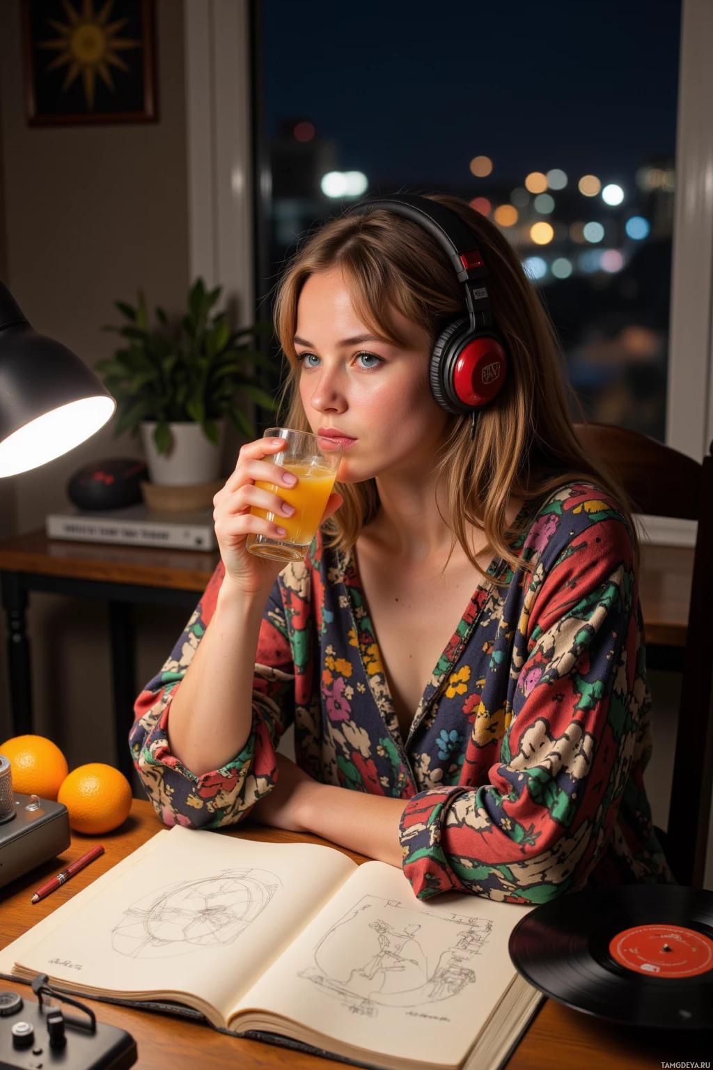 A woman wearing headphones sits at a desk, drinking orange juice and sketching.