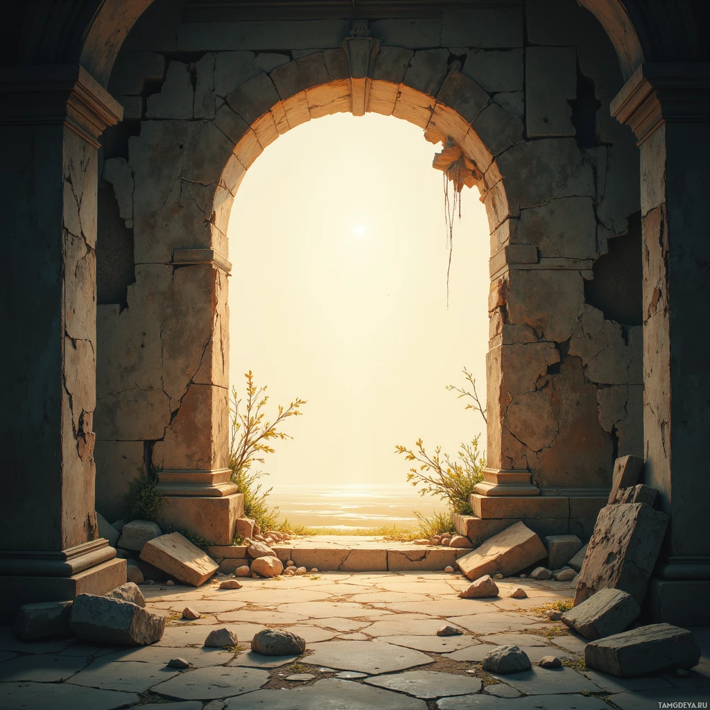 A sunlit archway with crumbling stone and scattered debris.